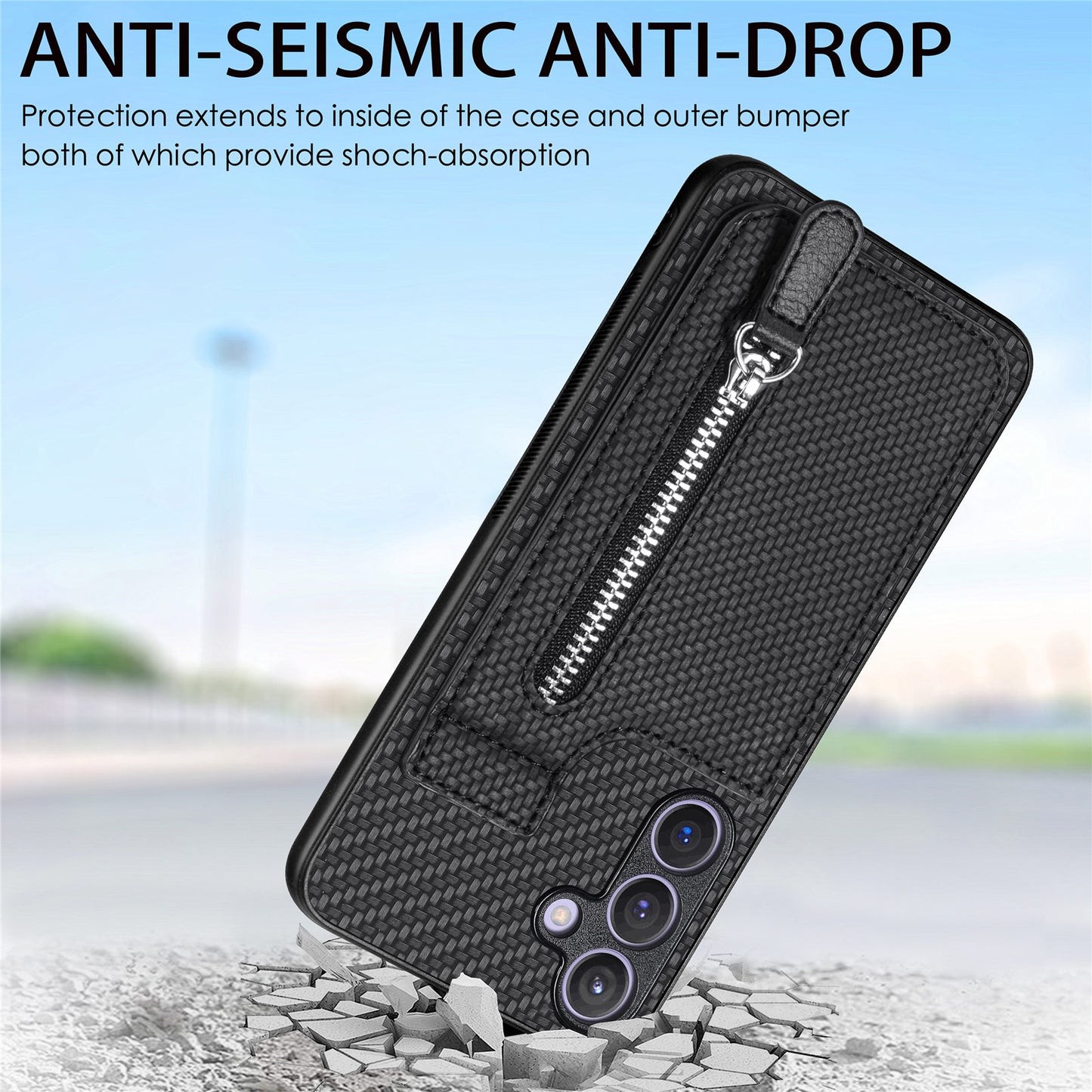 For Samsung Galaxy S24+ Kickstand Case Zipper Pocket Carbon Fiber Texture Phone Cover - Black
