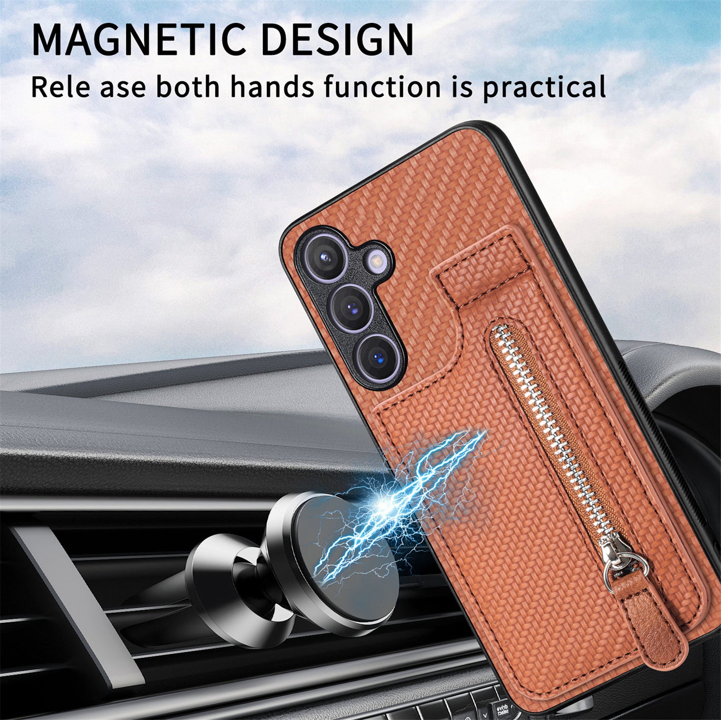 For Samsung Galaxy S24+ Kickstand Case Zipper Pocket Carbon Fiber Texture Phone Cover - Brown