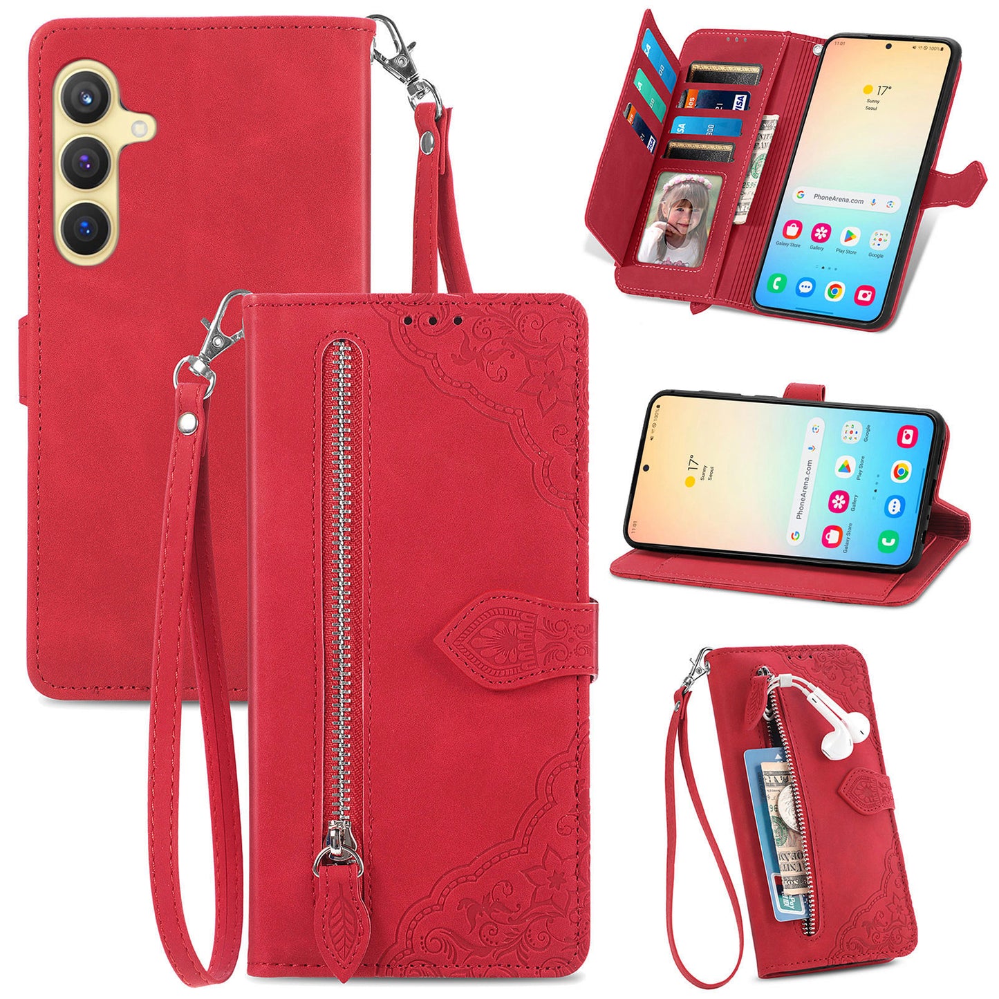 For Samsung Galaxy S24 Case Flower Imprinted Wallet Leather Phone Cover - Red