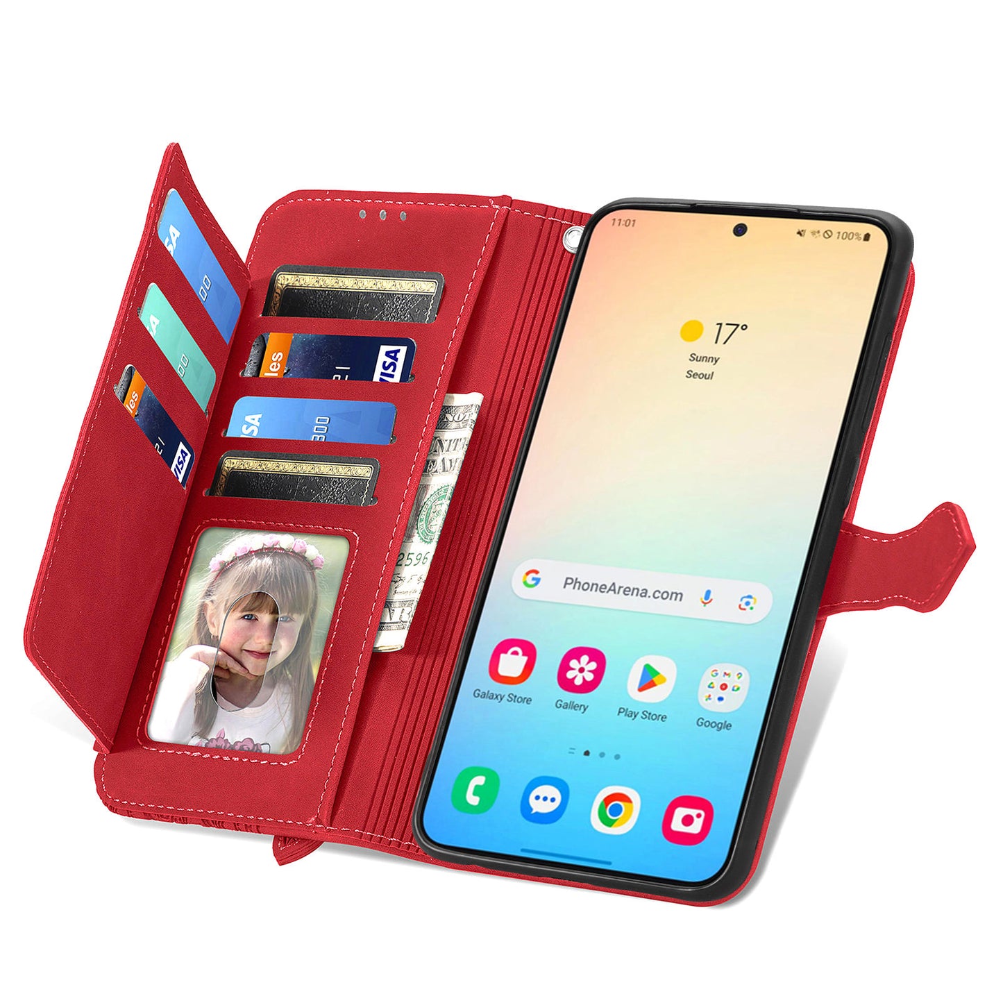 For Samsung Galaxy S24 Case Flower Imprinted Wallet Leather Phone Cover - Red