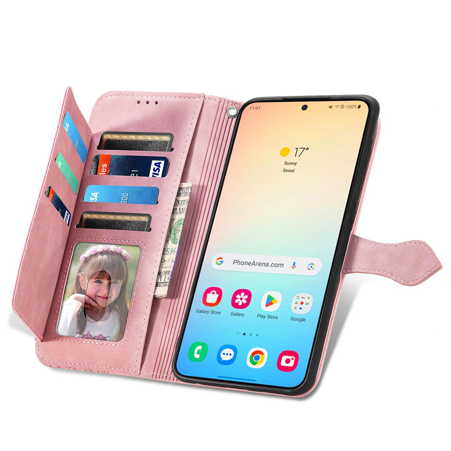 For Samsung Galaxy S24 Case Flower Imprinted Wallet Leather Phone Cover - Pink