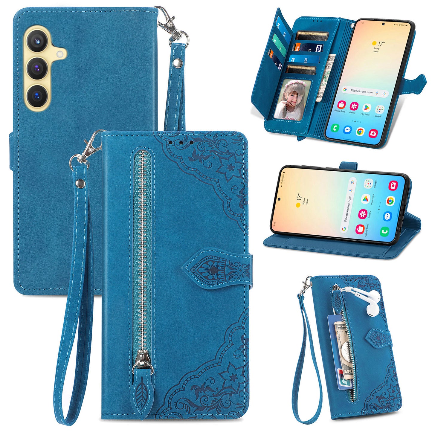For Samsung Galaxy S24 Case Flower Imprinted Wallet Leather Phone Cover - Blue
