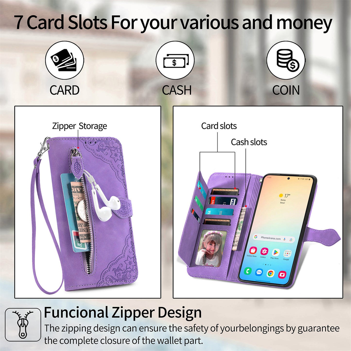 For Samsung Galaxy S24 Case Flower Imprinted Wallet Leather Phone Cover - Light Purple