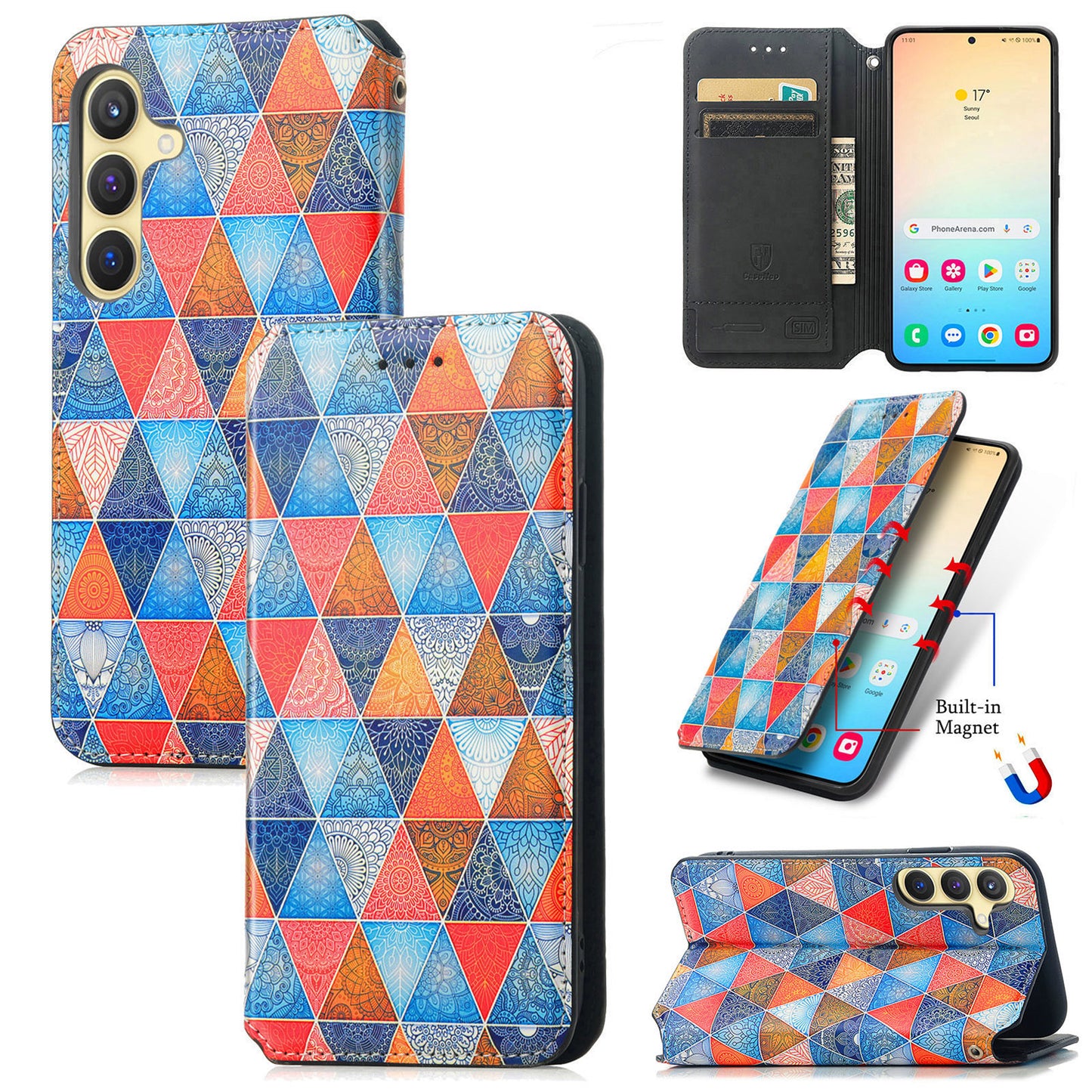 CASENEO 001 Series for Samsung Galaxy S24+ Leather Case RFID Blocking Phone Wallet Cover - Rhombus / Mandala