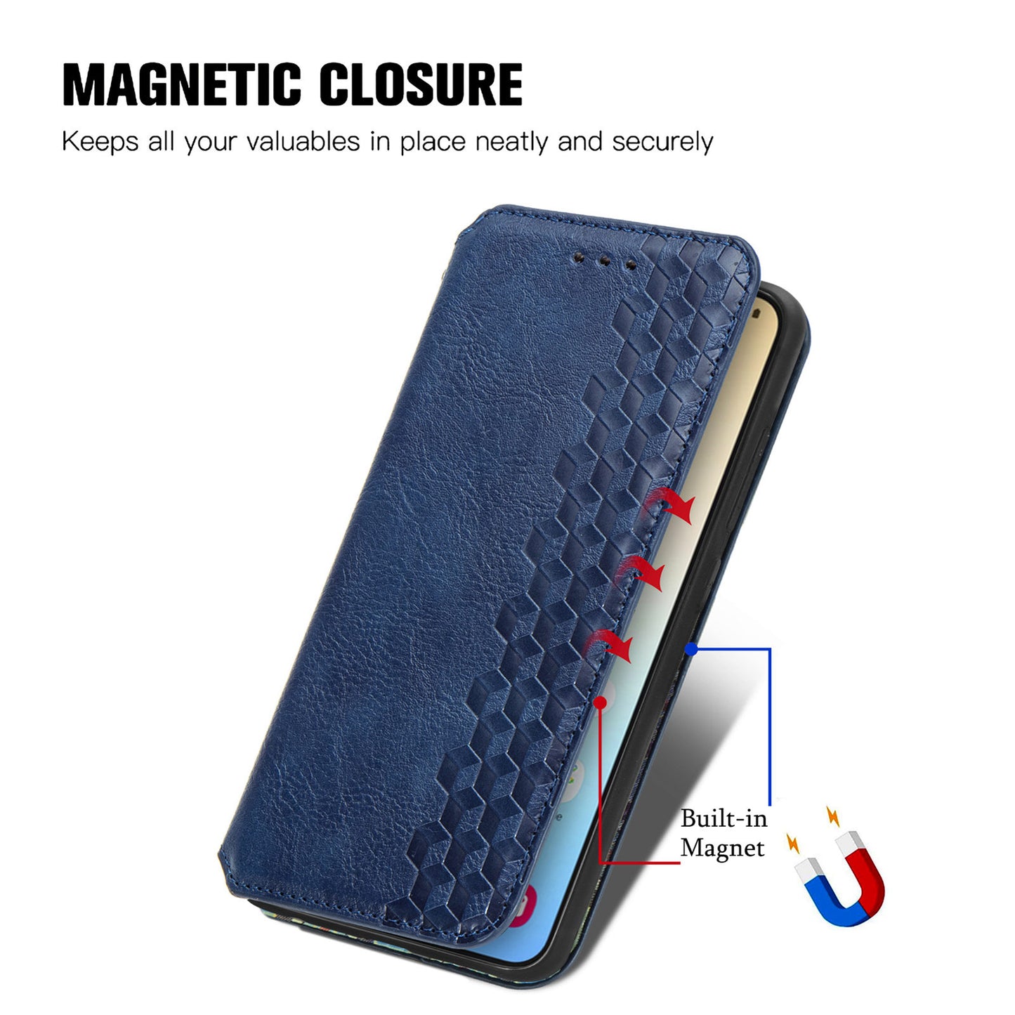 For Samsung Galaxy S24+ Cell Phone Case Imprint Rhombus Pattern Wallet Stand Cover - Blue