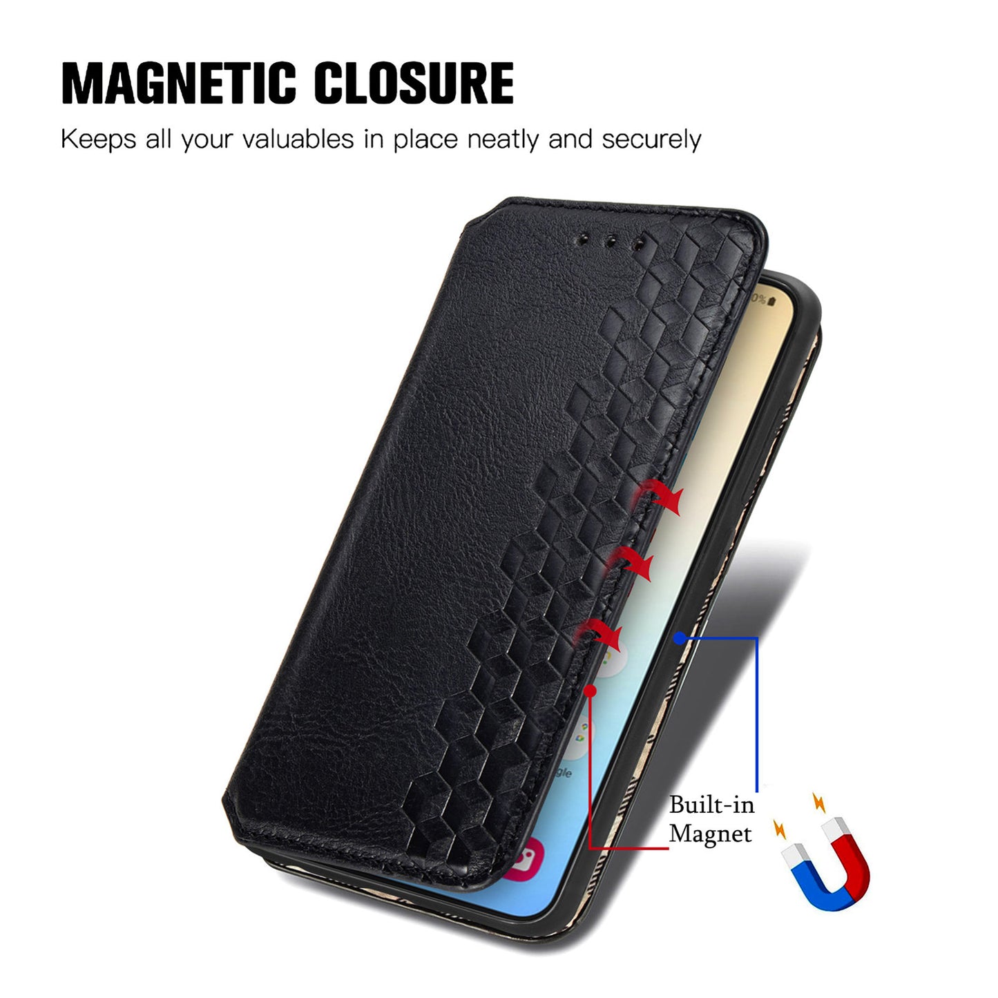For Samsung Galaxy S24+ Cell Phone Case Imprint Rhombus Pattern Wallet Stand Cover - Black