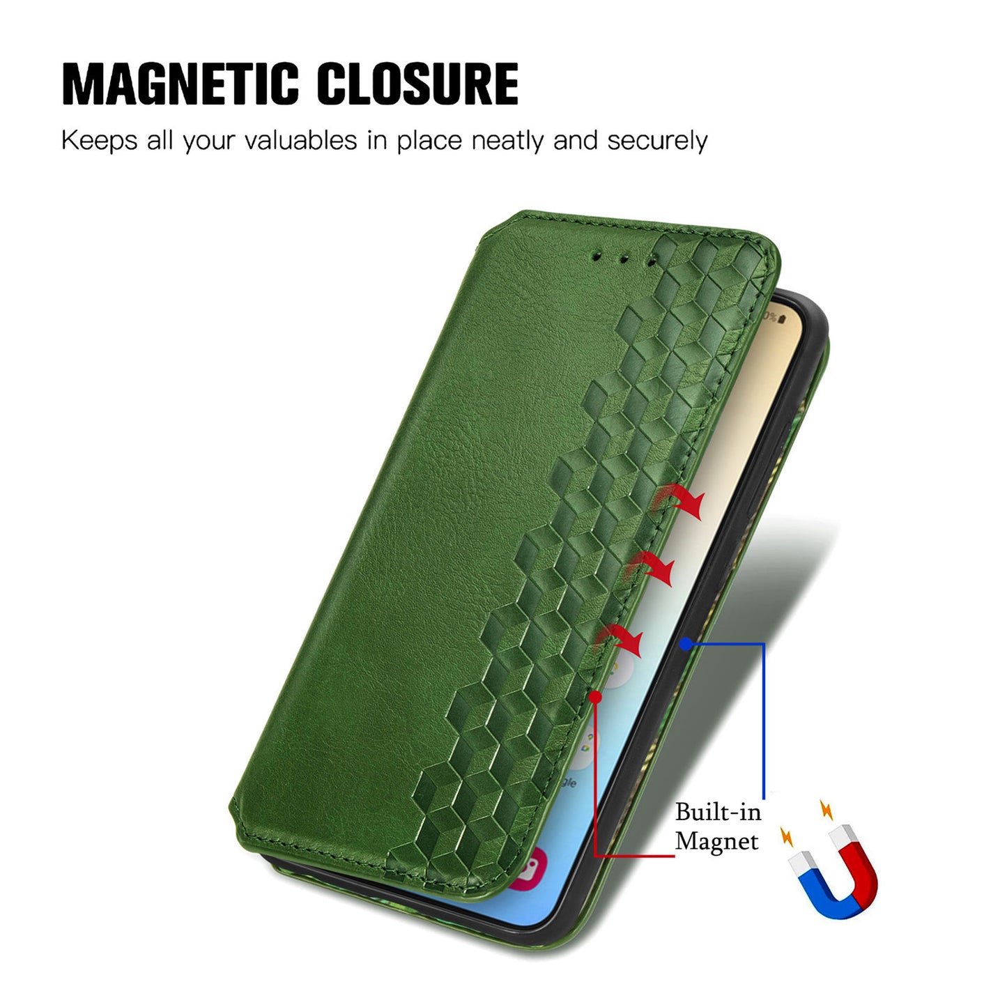 For Samsung Galaxy S24+ Cell Phone Case Imprint Rhombus Pattern Wallet Stand Cover - Green