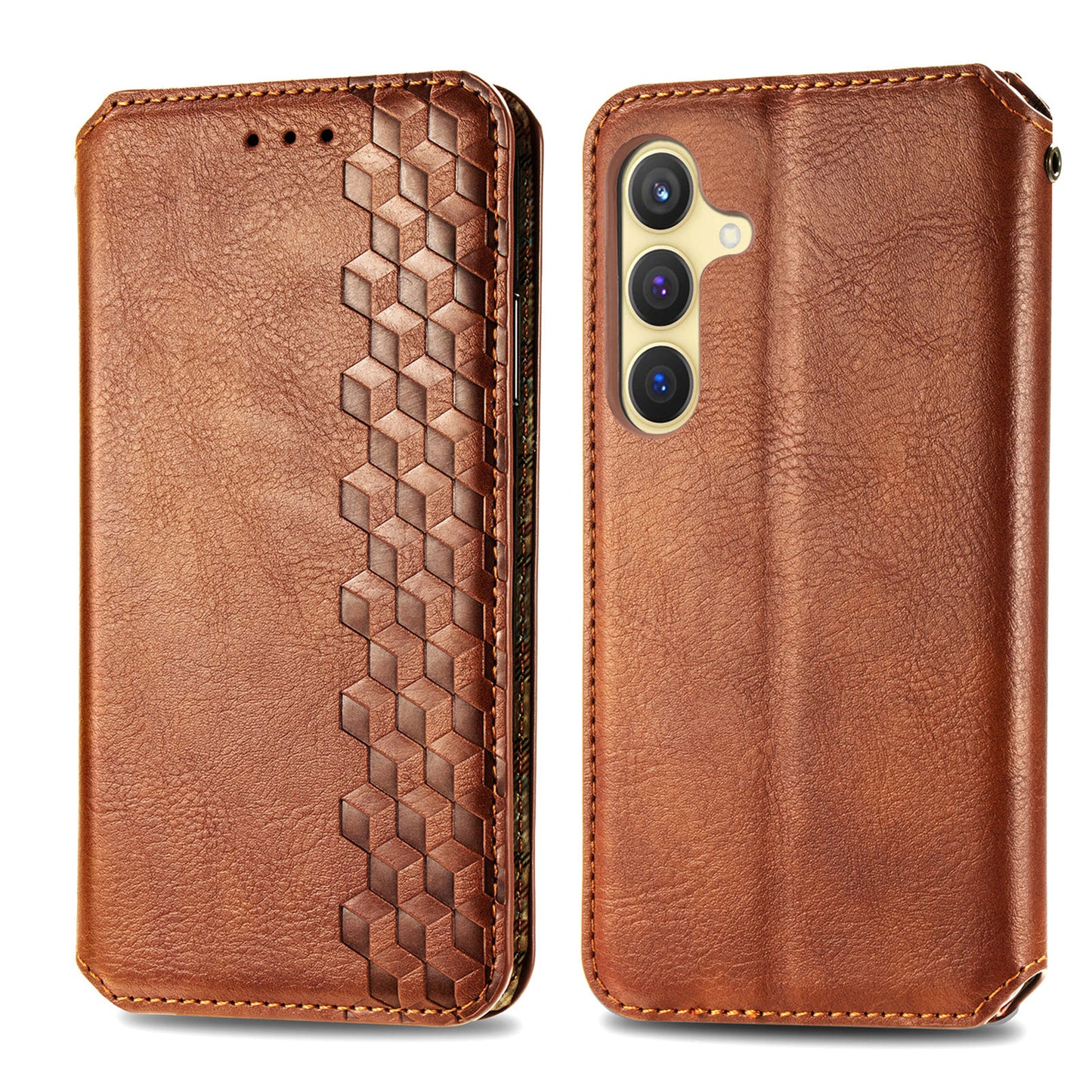 For Samsung Galaxy S24+ Cell Phone Case Imprint Rhombus Pattern Wallet Stand Cover - Brown