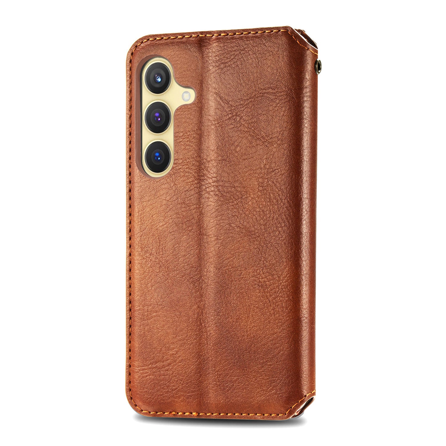 For Samsung Galaxy S24+ Cell Phone Case Imprint Rhombus Pattern Wallet Stand Cover - Brown