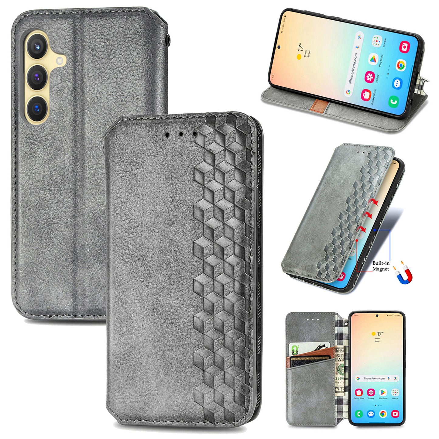 For Samsung Galaxy S24+ Cell Phone Case Imprint Rhombus Pattern Wallet Stand Cover - Grey