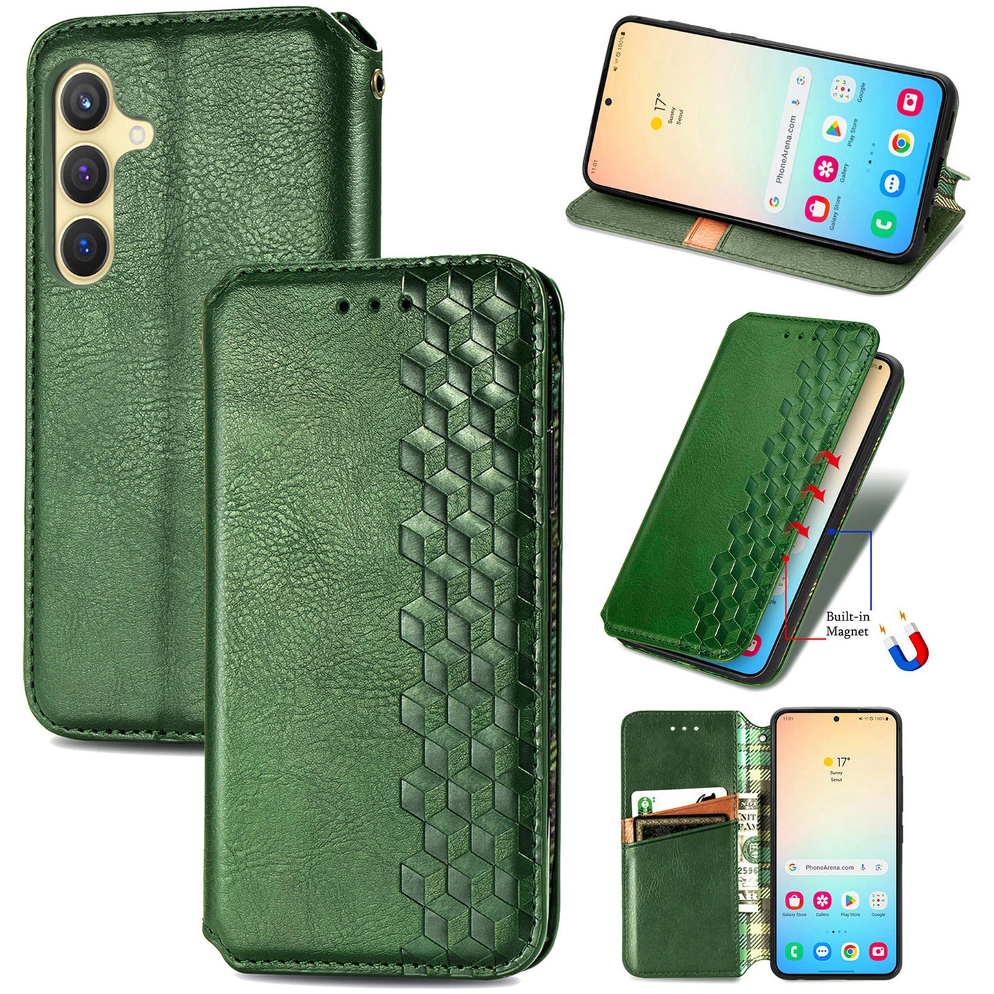 For Samsung Galaxy S24 Case Rhombus Pattern TPU + PU Leather Wallet Stand Cover - Green