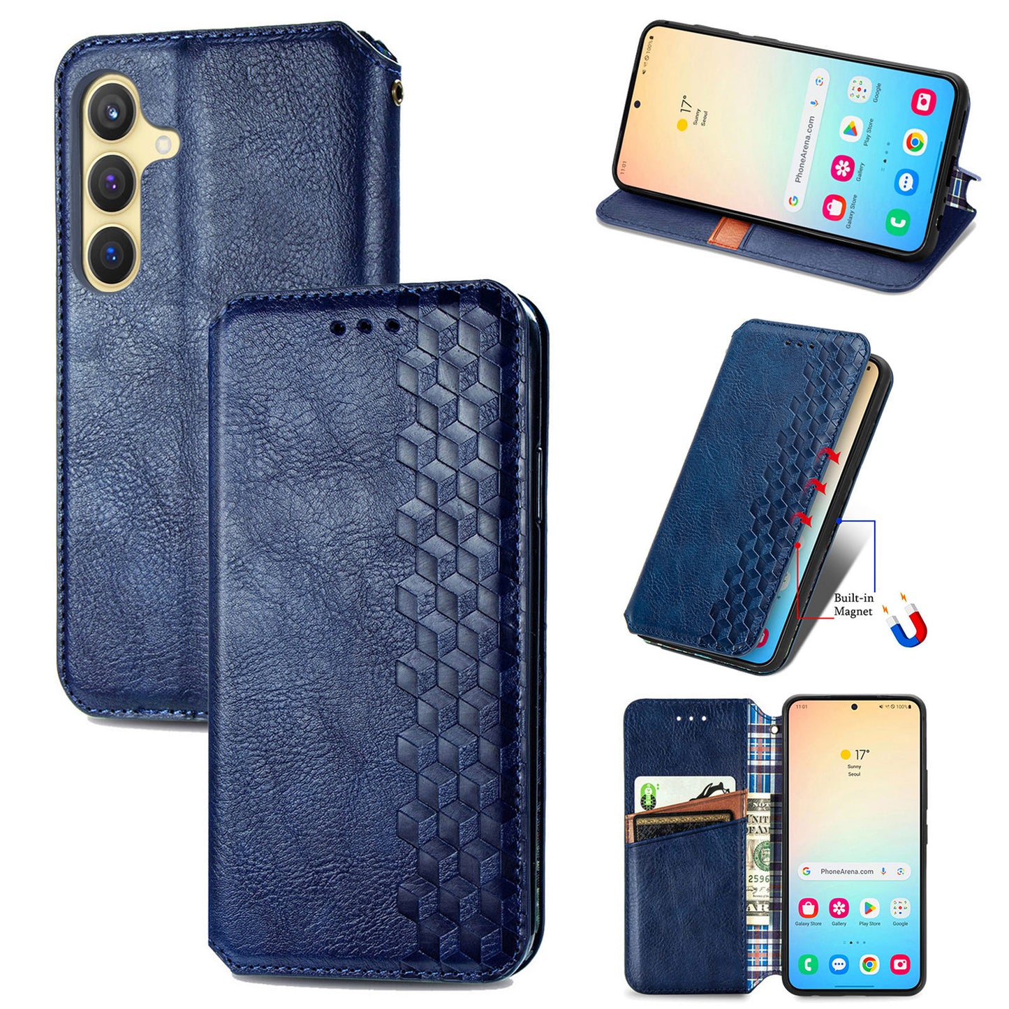 For Samsung Galaxy S24 Case Rhombus Pattern TPU + PU Leather Wallet Stand Cover - Blue