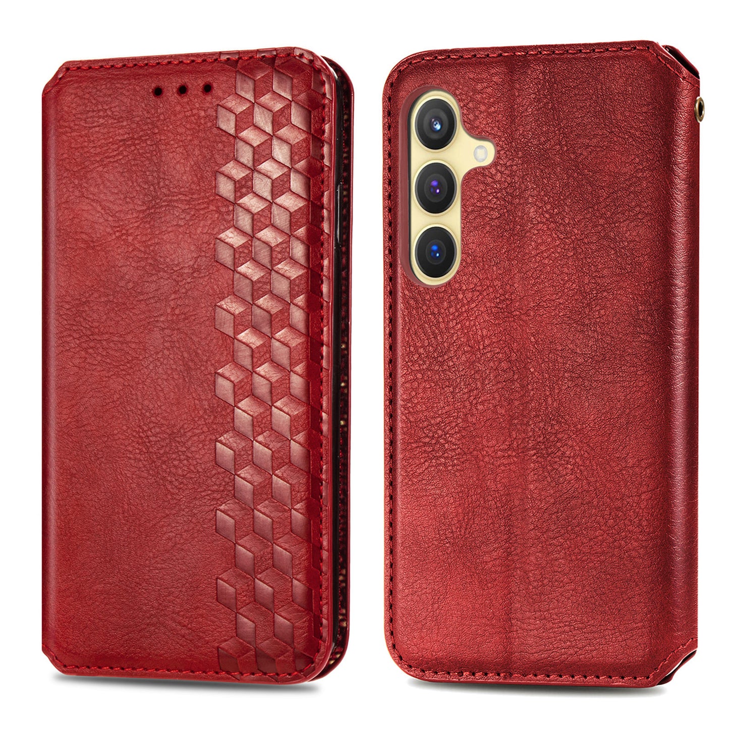 For Samsung Galaxy S24 Case Rhombus Pattern TPU + PU Leather Wallet Stand Cover - Red