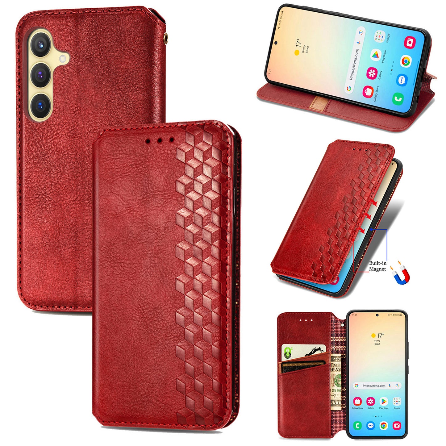 For Samsung Galaxy S24 Case Rhombus Pattern TPU + PU Leather Wallet Stand Cover - Red