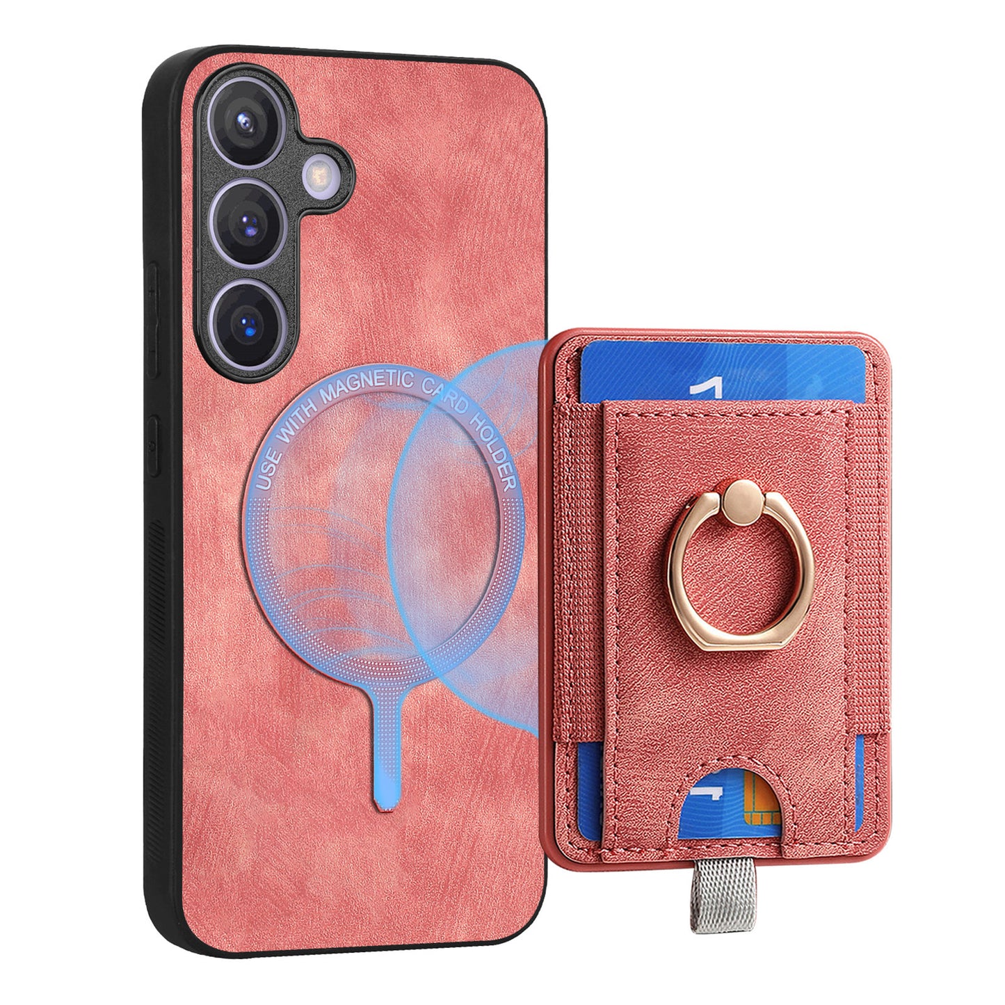 D7 For Samsung Galaxy S24 Kickstand Case Detachable Magnetic Card Holder Phone Cover - Pink