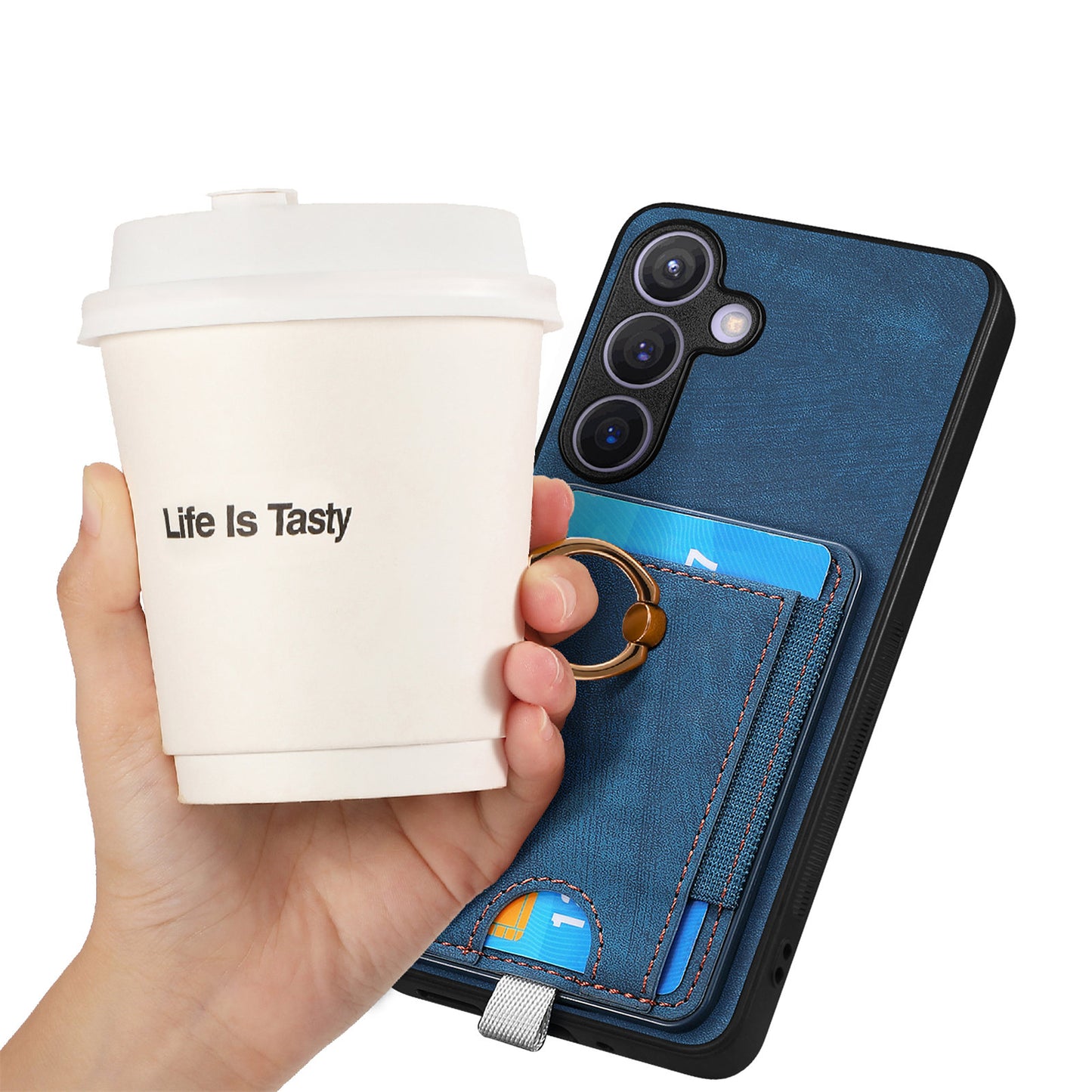 D7 For Samsung Galaxy S24 Kickstand Case Detachable Magnetic Card Holder Phone Cover - Blue