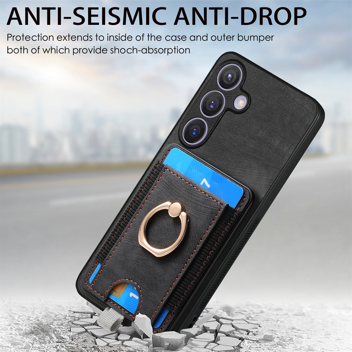 D7 For Samsung Galaxy S24 Kickstand Case Detachable Magnetic Card Holder Phone Cover - Black