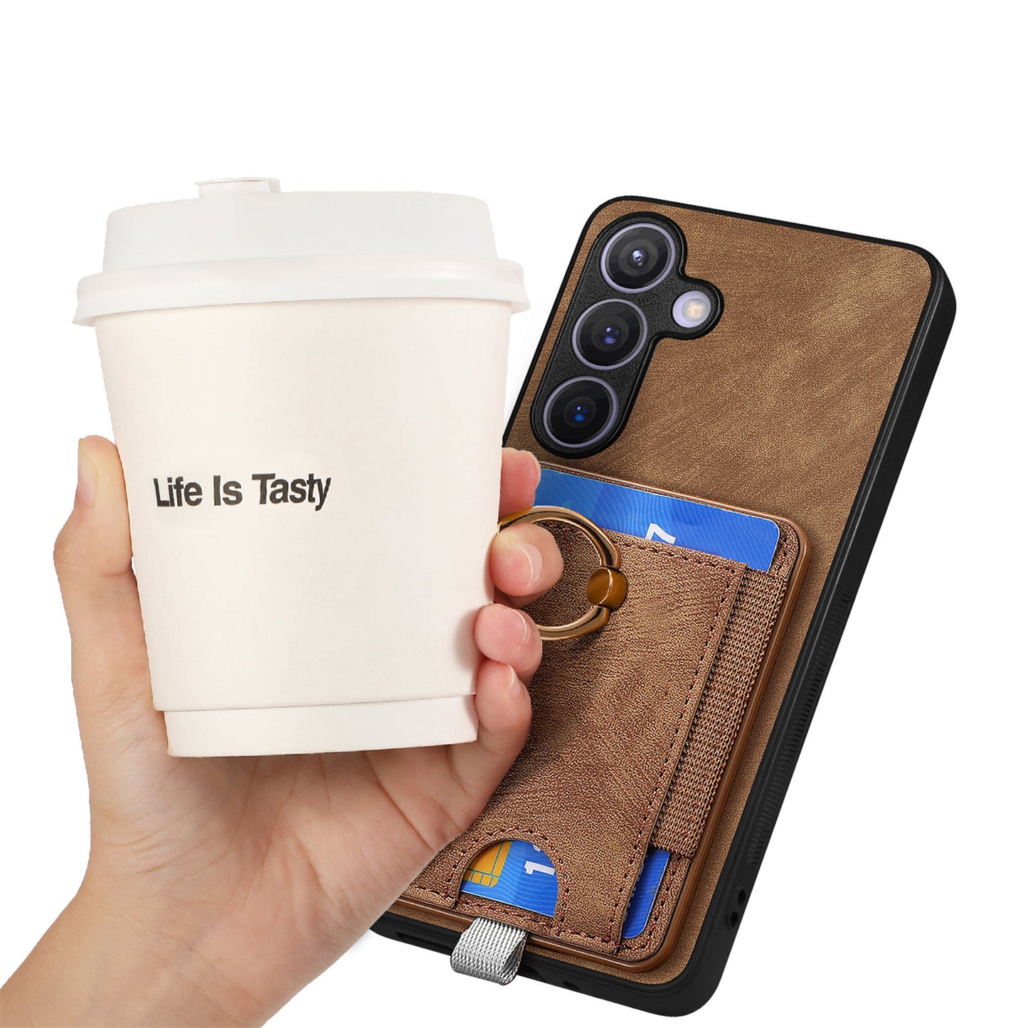 D7 For Samsung Galaxy S24 Kickstand Case Detachable Magnetic Card Holder Phone Cover - Brown