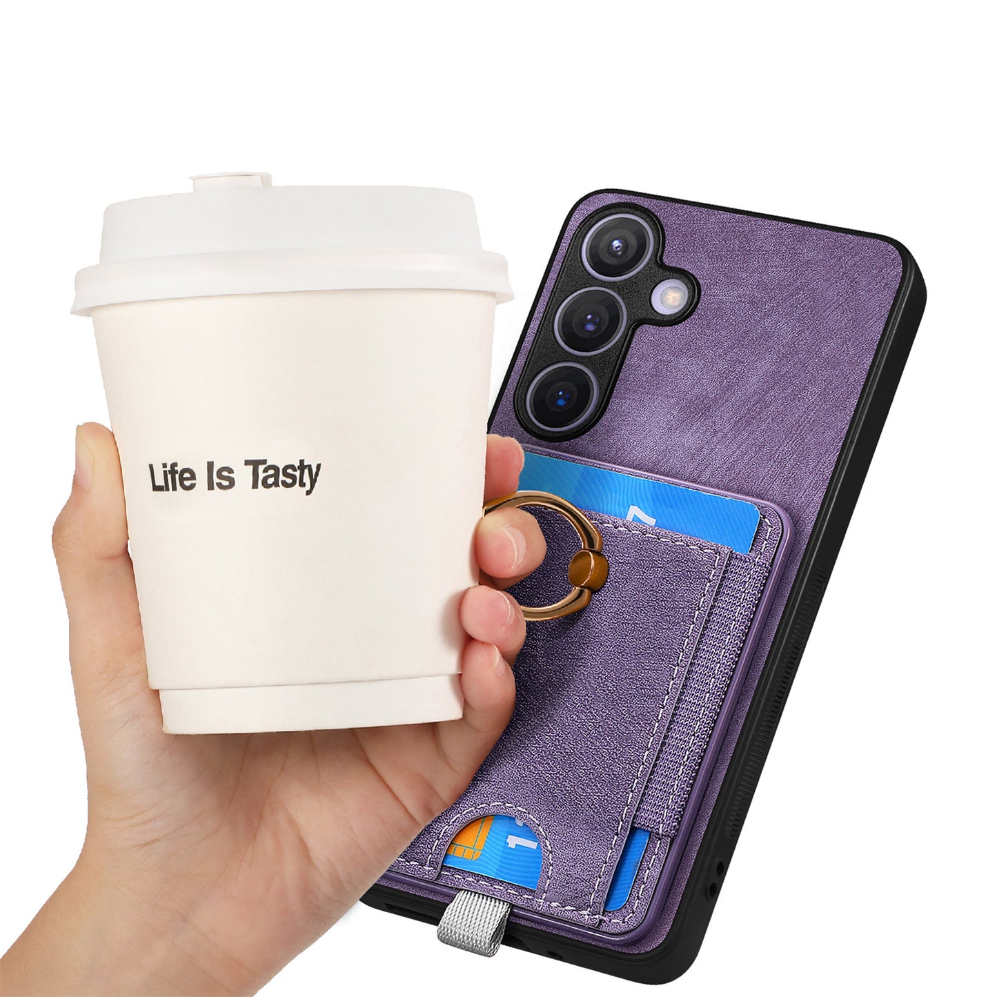 D7 For Samsung Galaxy S24 Kickstand Case Detachable Magnetic Card Holder Phone Cover - Purple