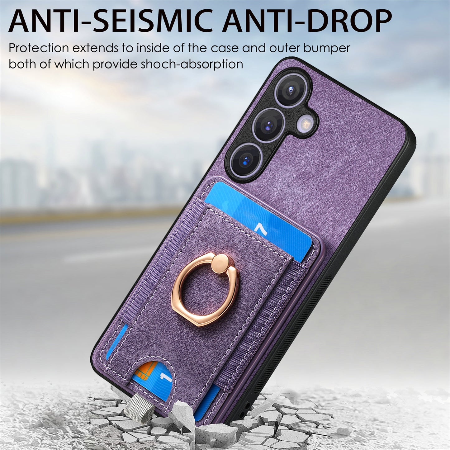 D7 For Samsung Galaxy S24 Kickstand Case Detachable Magnetic Card Holder Phone Cover - Purple