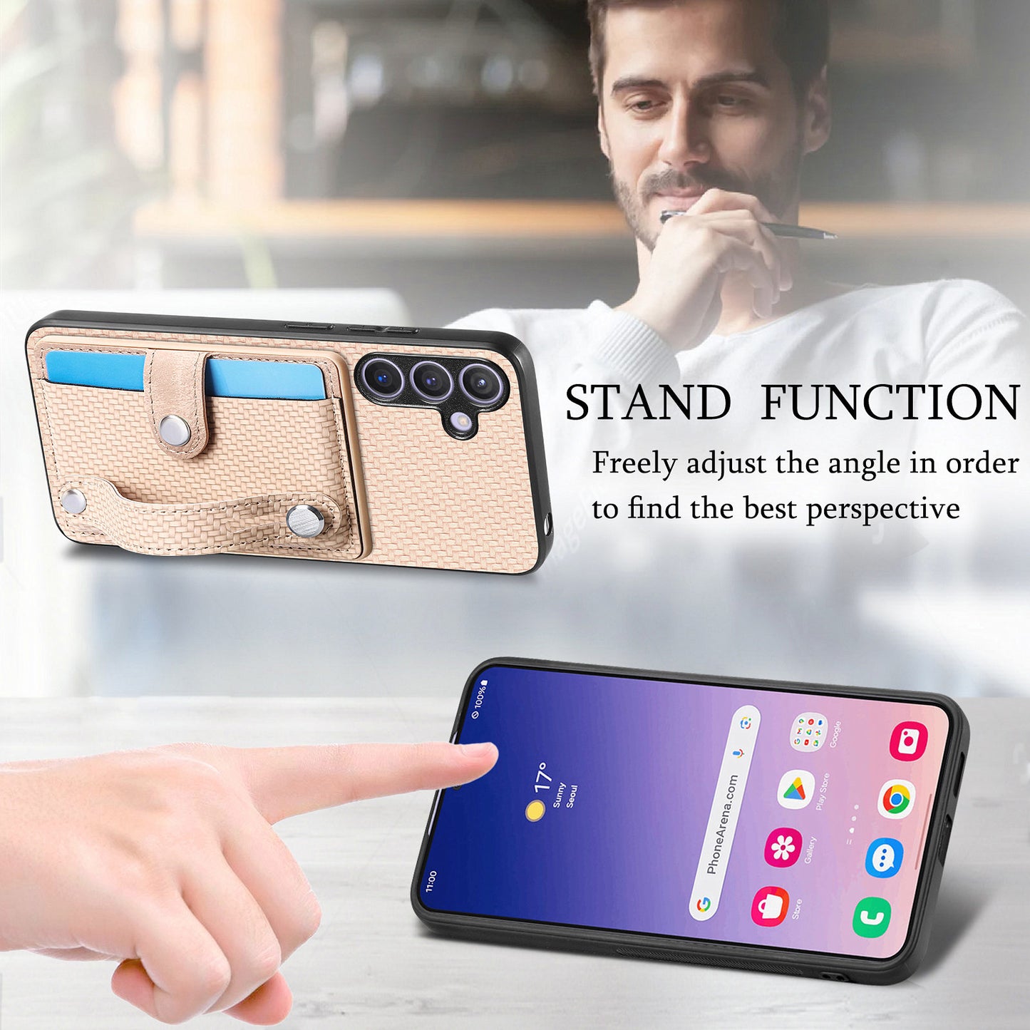 For Samsung Galaxy S24+ Case Wristband Kickstand Phone Cover with Card Slots - Yellow
