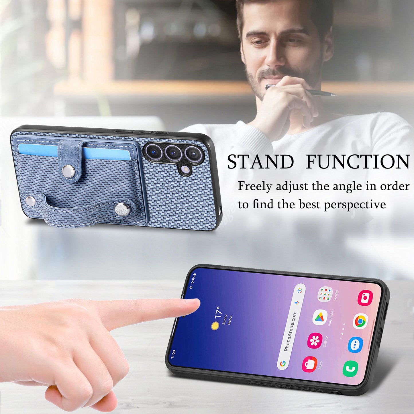 For Samsung Galaxy S24+ Case Wristband Kickstand Phone Cover with Card Slots - Blue