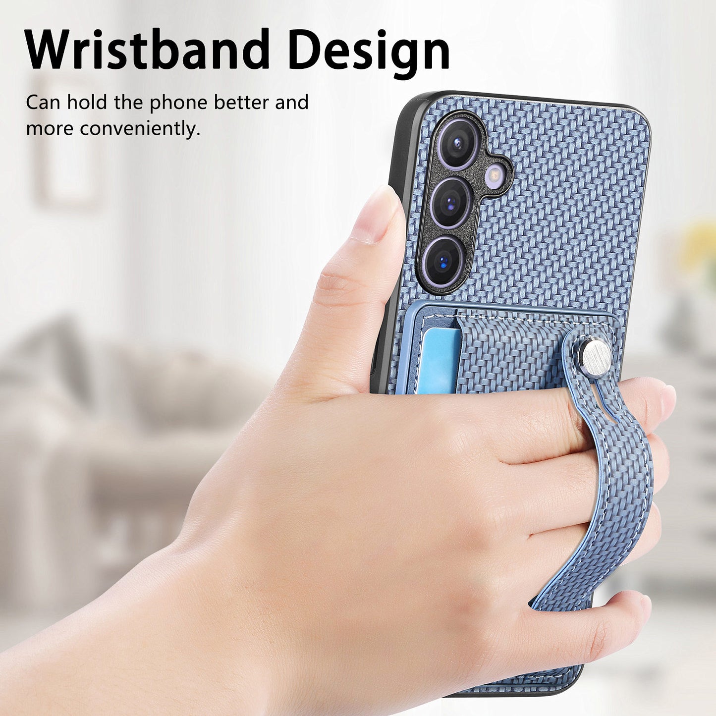 For Samsung Galaxy S24+ Case Wristband Kickstand Phone Cover with Card Slots - Blue