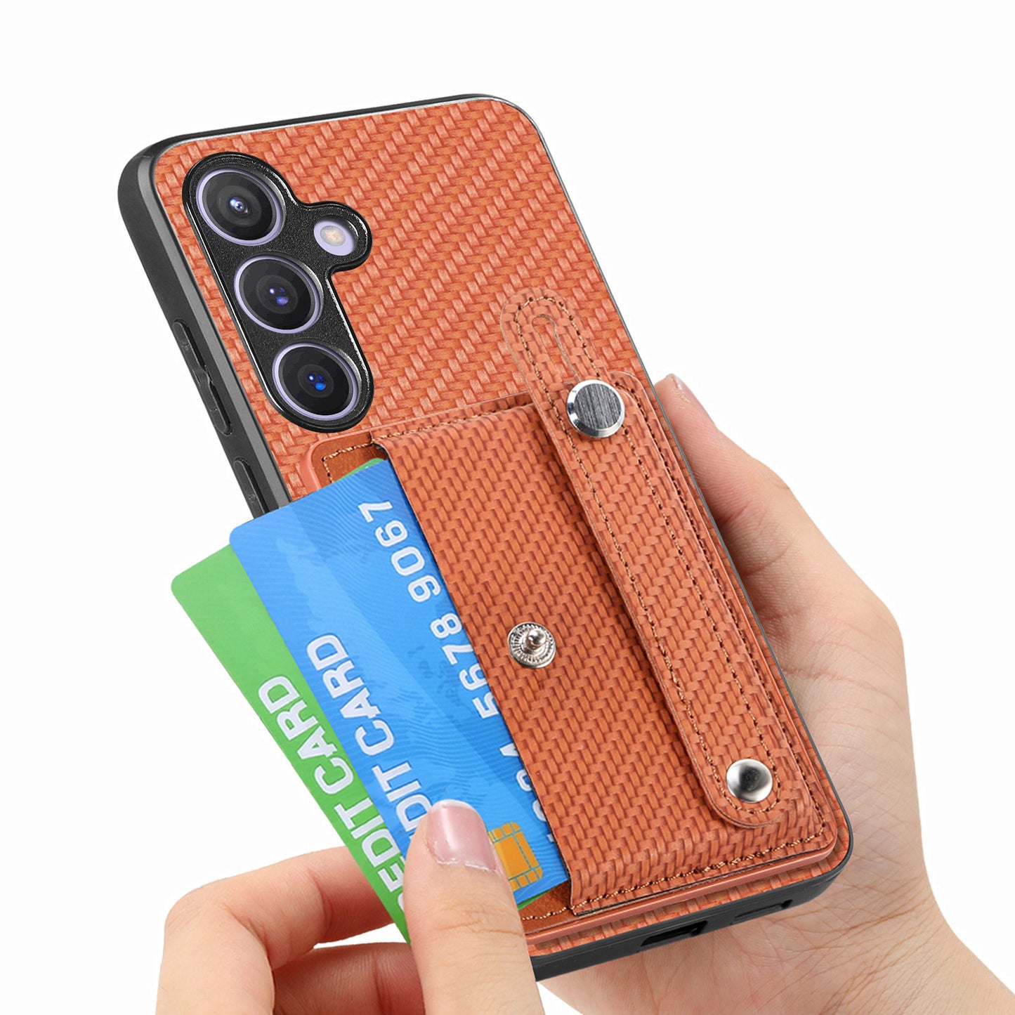 For Samsung Galaxy S24+ Case Wristband Kickstand Phone Cover with Card Slots - Brown