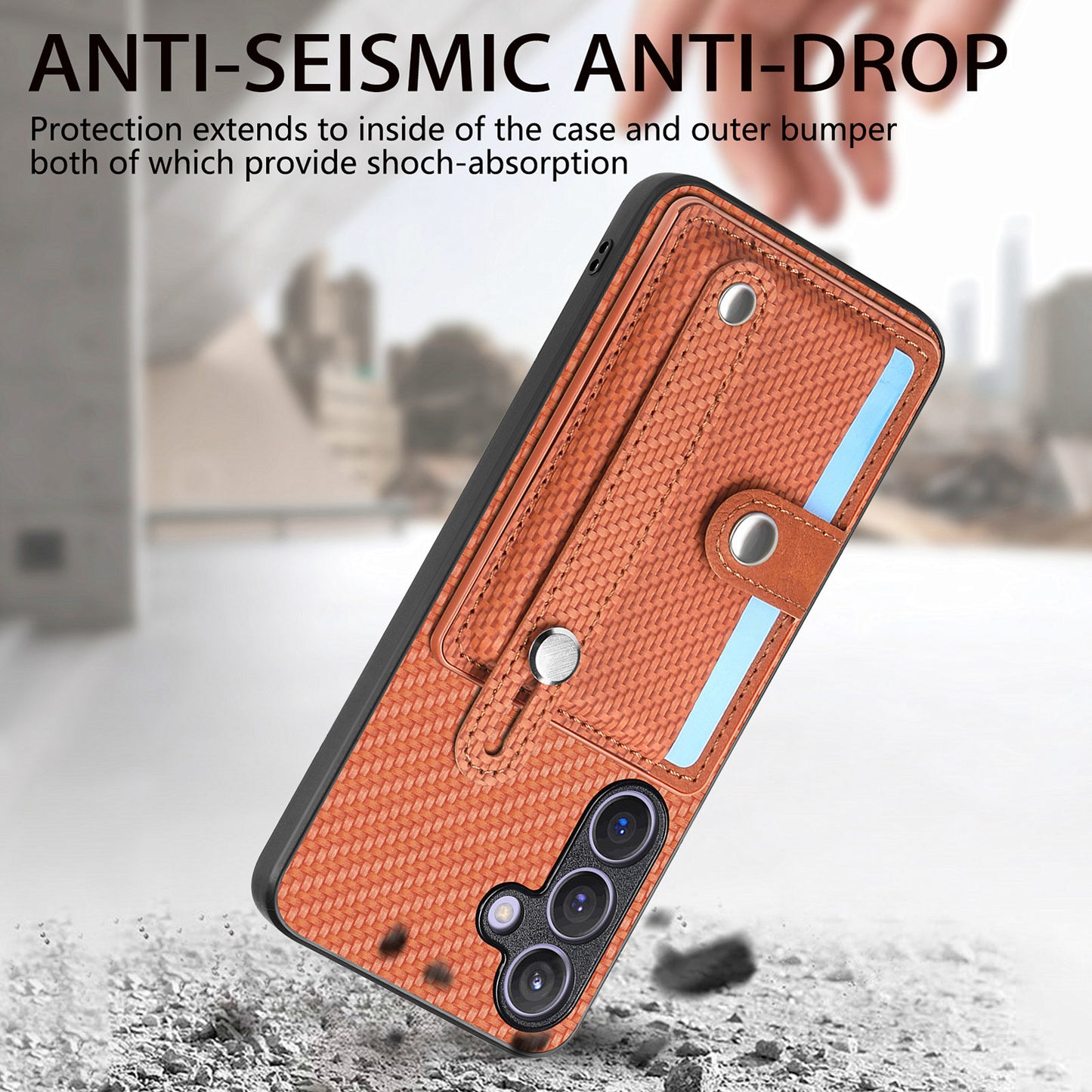For Samsung Galaxy S24+ Case Wristband Kickstand Phone Cover with Card Slots - Brown