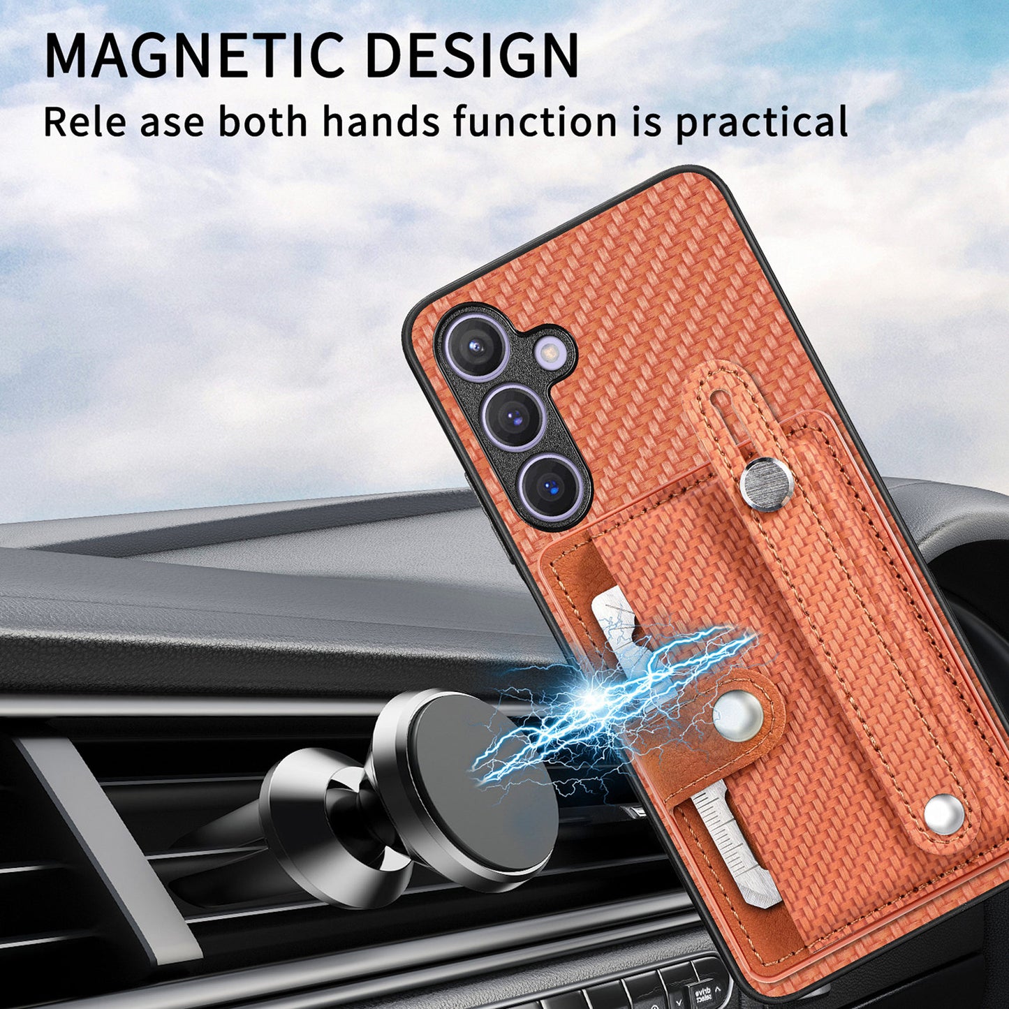 For Samsung Galaxy S24+ Case Wristband Kickstand Phone Cover with Card Slots - Brown