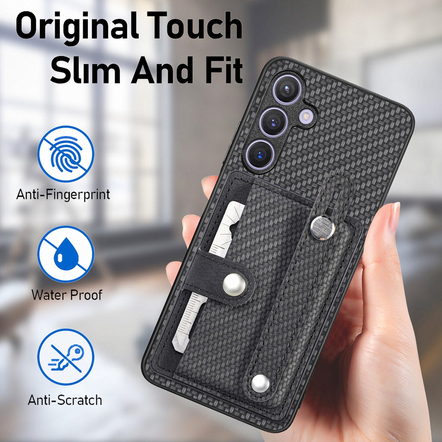 For Samsung Galaxy S24+ Case Wristband Kickstand Phone Cover with Card Slots - Black