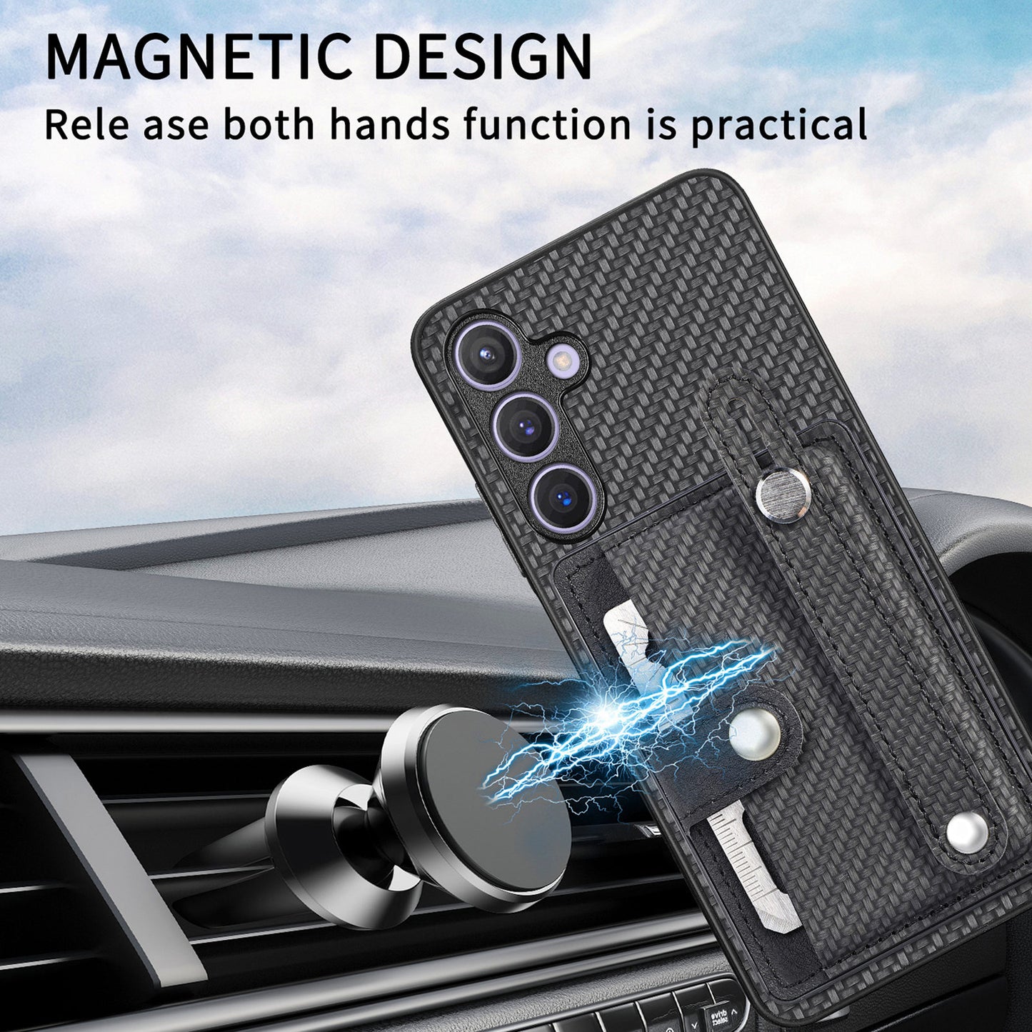 For Samsung Galaxy S24+ Case Wristband Kickstand Phone Cover with Card Slots - Black