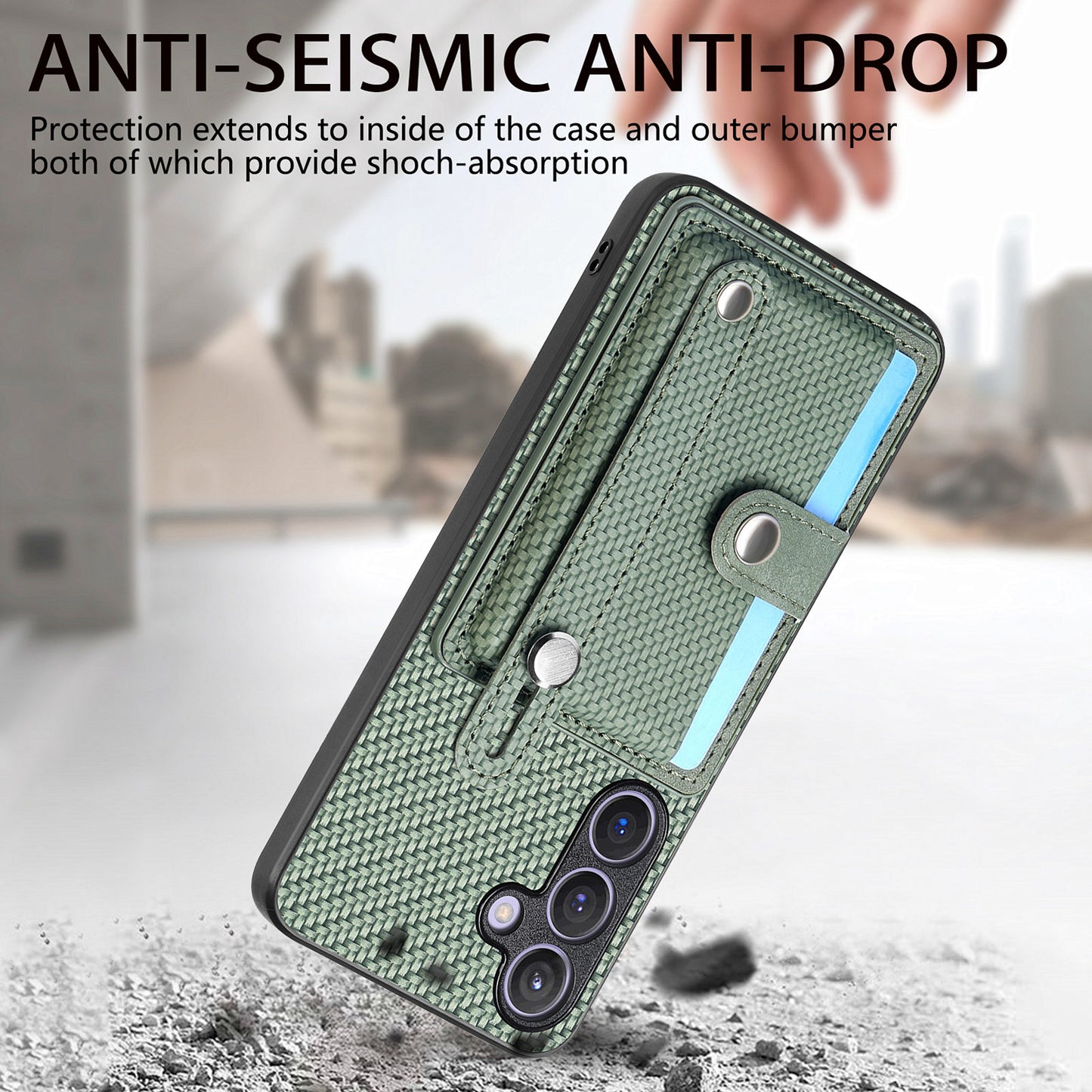 For Samsung Galaxy S24+ Case Wristband Kickstand Phone Cover with Card Slots - Green