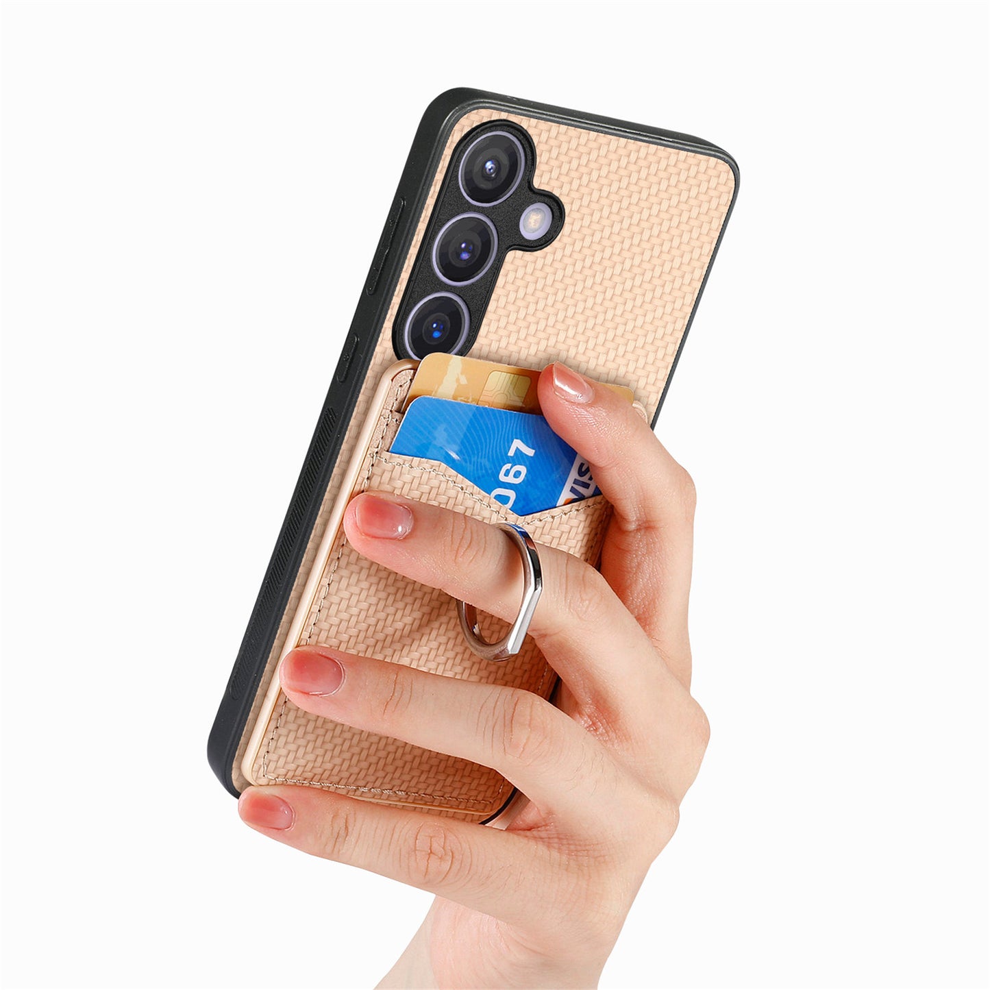 C1-8 For Samsung Galaxy S24+ Case Ring Kickstand Card Holder Phone Cover - Apricot