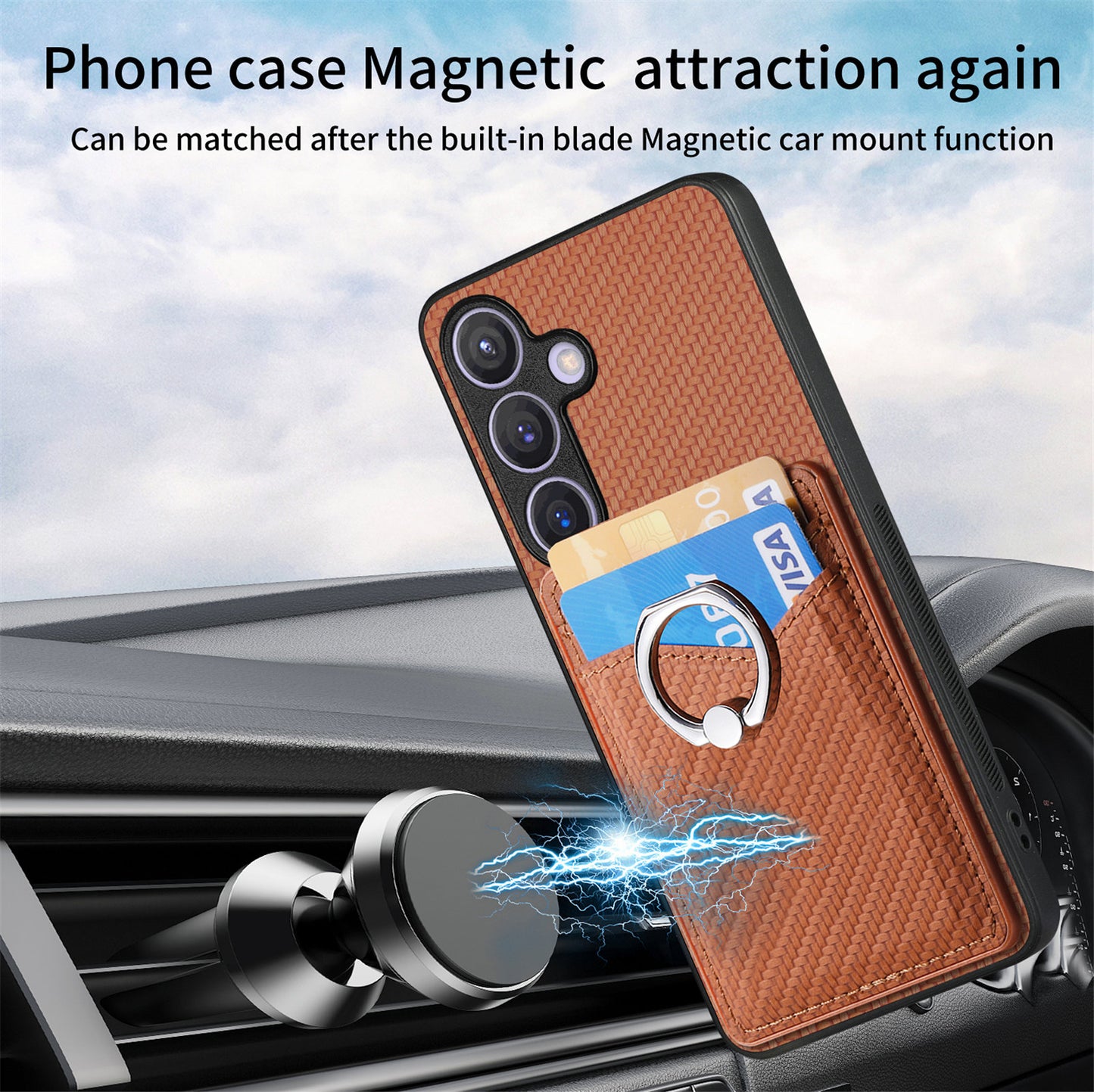 C1-8 For Samsung Galaxy S24+ Case Ring Kickstand Card Holder Phone Cover - Brown