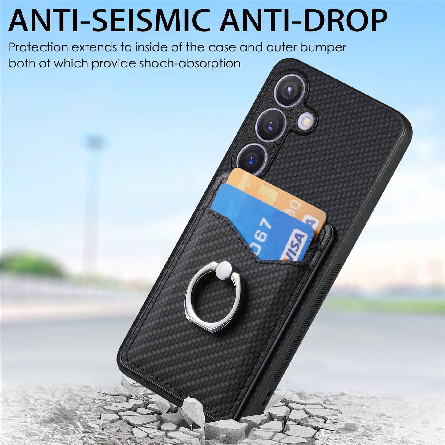 C1-8 For Samsung Galaxy S24+ Case Ring Kickstand Card Holder Phone Cover - Black
