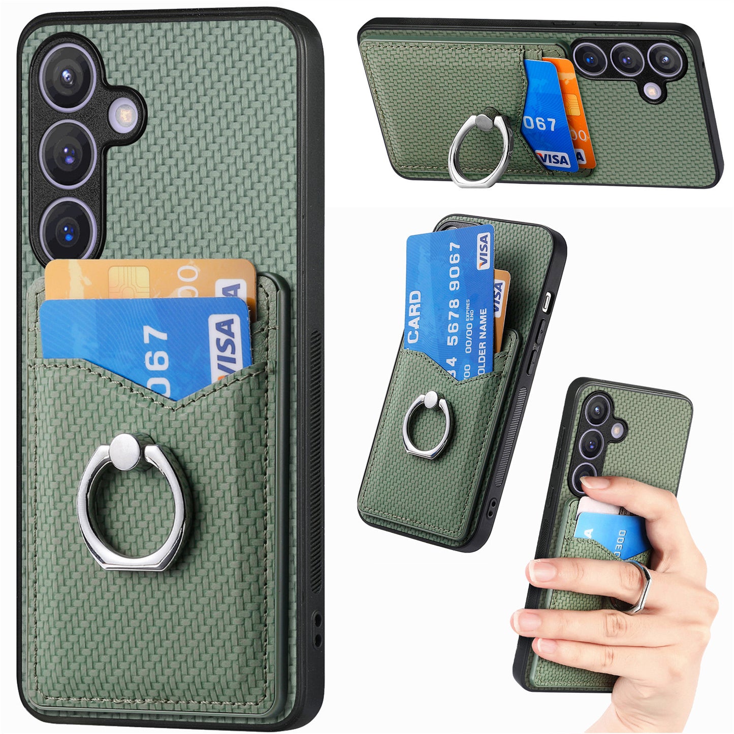 C1-8 For Samsung Galaxy S24+ Case Ring Kickstand Card Holder Phone Cover - Green
