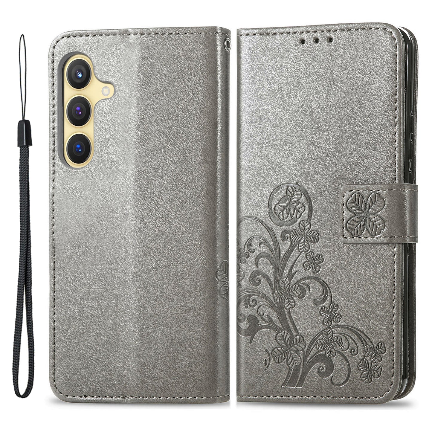 For Samsung Galaxy S24 Case Four-leaf Clover Pattern Leather Phone Cover Wallet - Grey