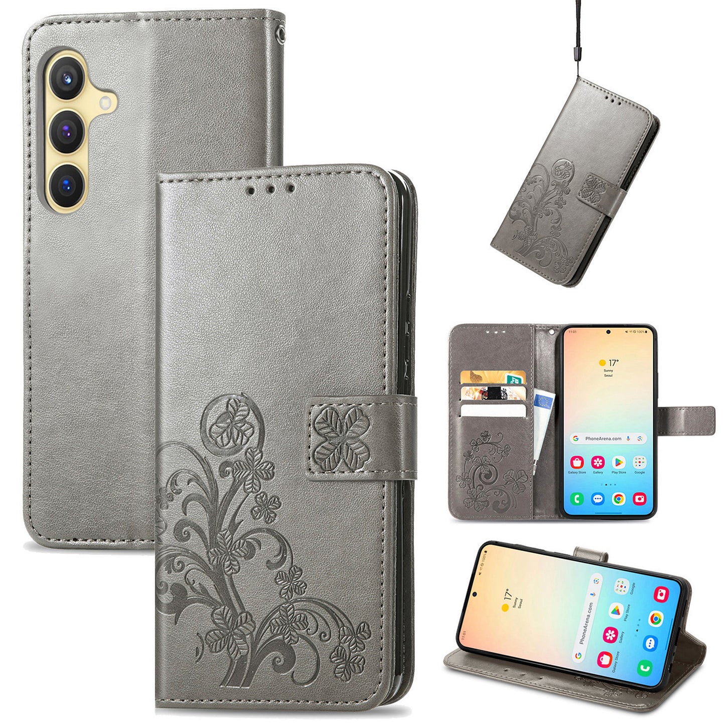 For Samsung Galaxy S24 Case Four-leaf Clover Pattern Leather Phone Cover Wallet - Grey