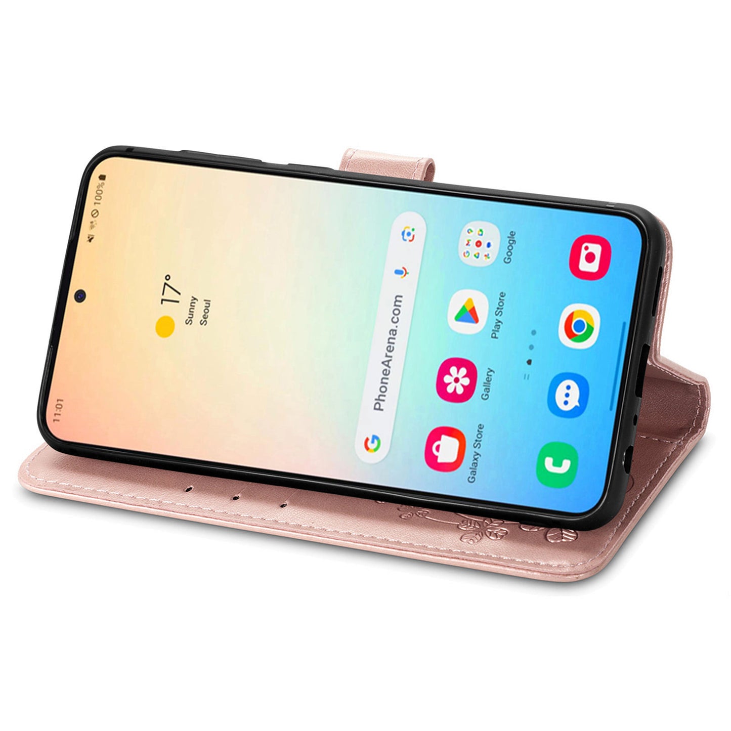 For Samsung Galaxy S24 Case Four-leaf Clover Pattern Leather Phone Cover Wallet - Rose Gold