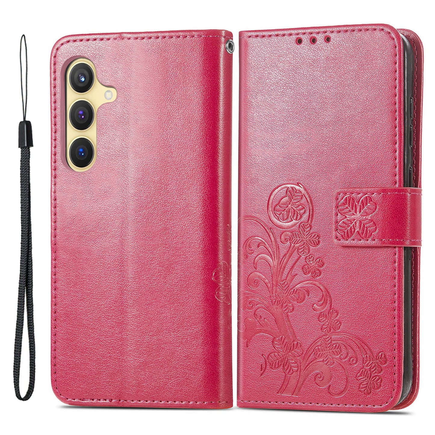 For Samsung Galaxy S24 Case Four-leaf Clover Pattern Leather Phone Cover Wallet - Red