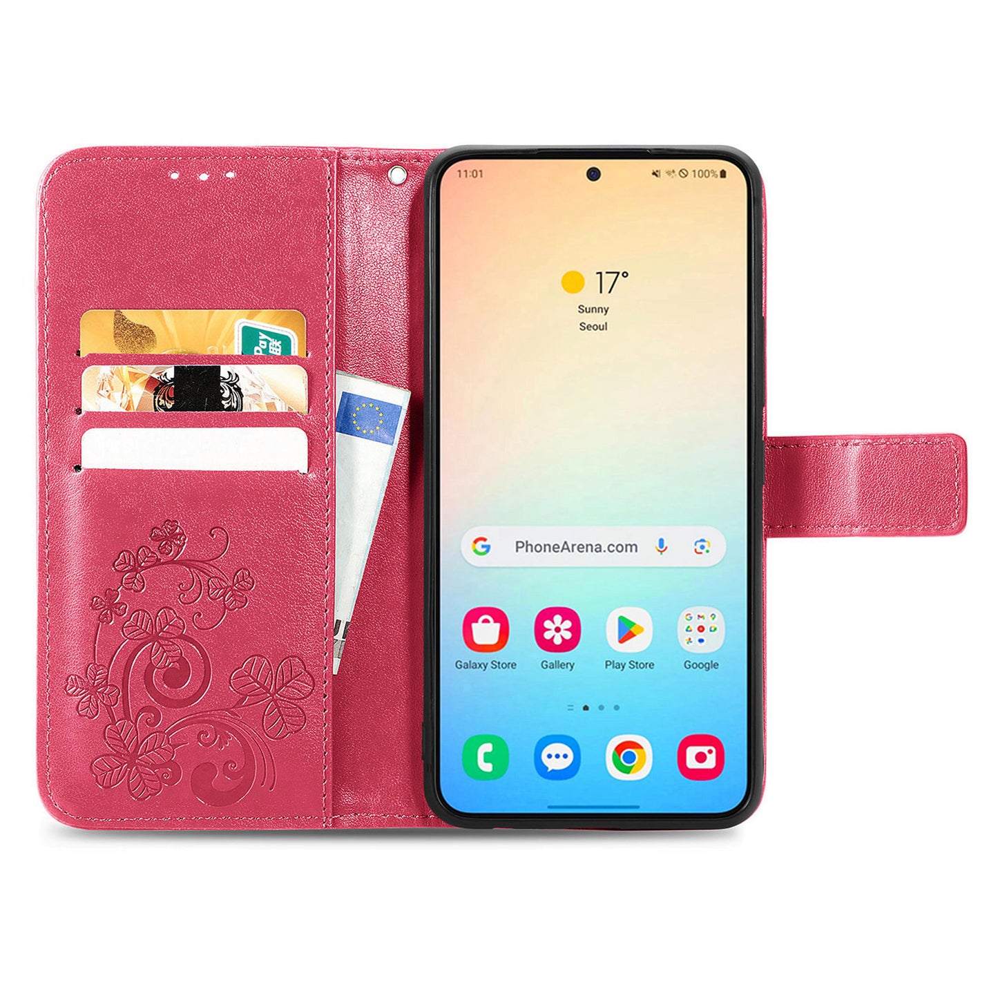 For Samsung Galaxy S24 Case Four-leaf Clover Pattern Leather Phone Cover Wallet - Red