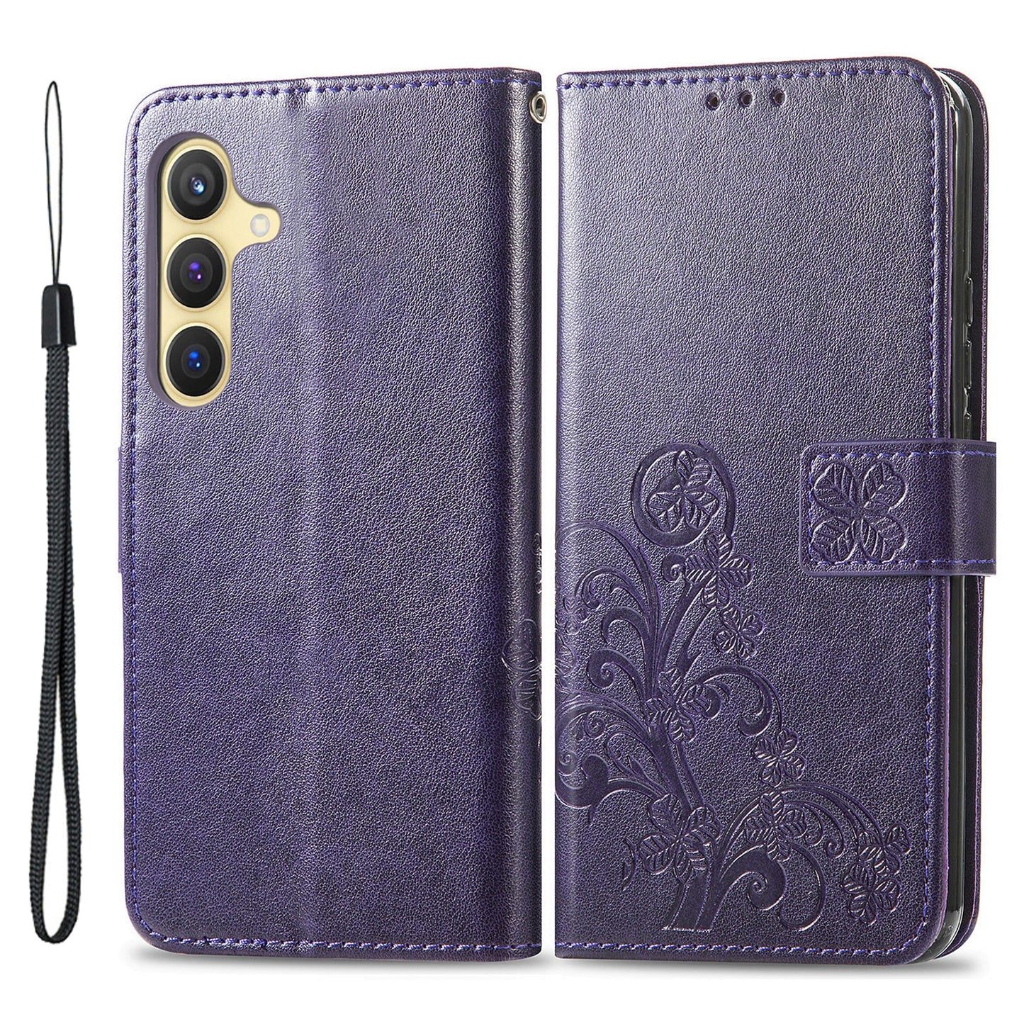 For Samsung Galaxy S24 Case Four-leaf Clover Pattern Leather Phone Cover Wallet - Purple