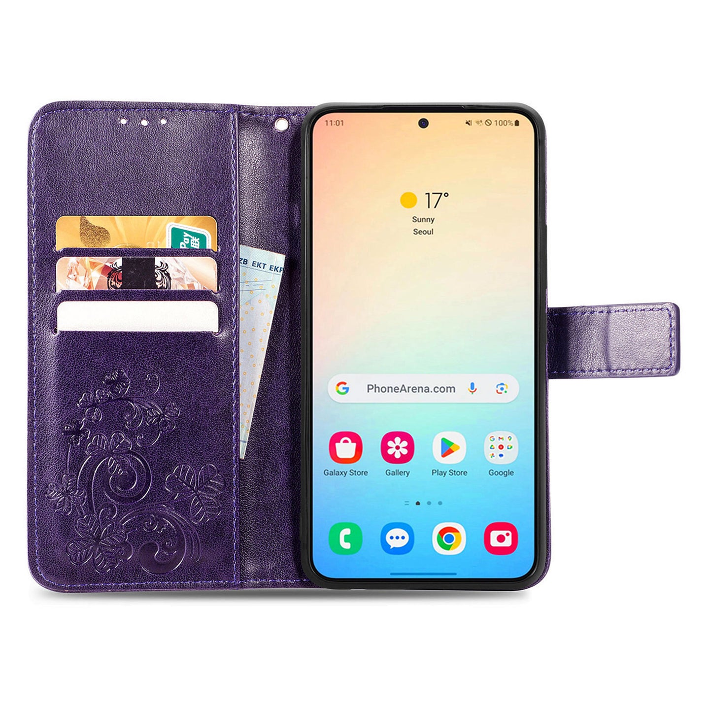For Samsung Galaxy S24 Case Four-leaf Clover Pattern Leather Phone Cover Wallet - Purple