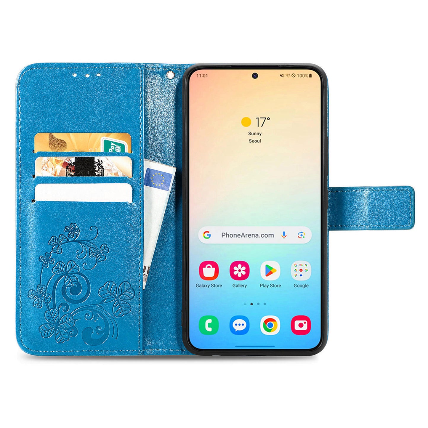 For Samsung Galaxy S24 Case Four-leaf Clover Pattern Leather Phone Cover Wallet - Blue