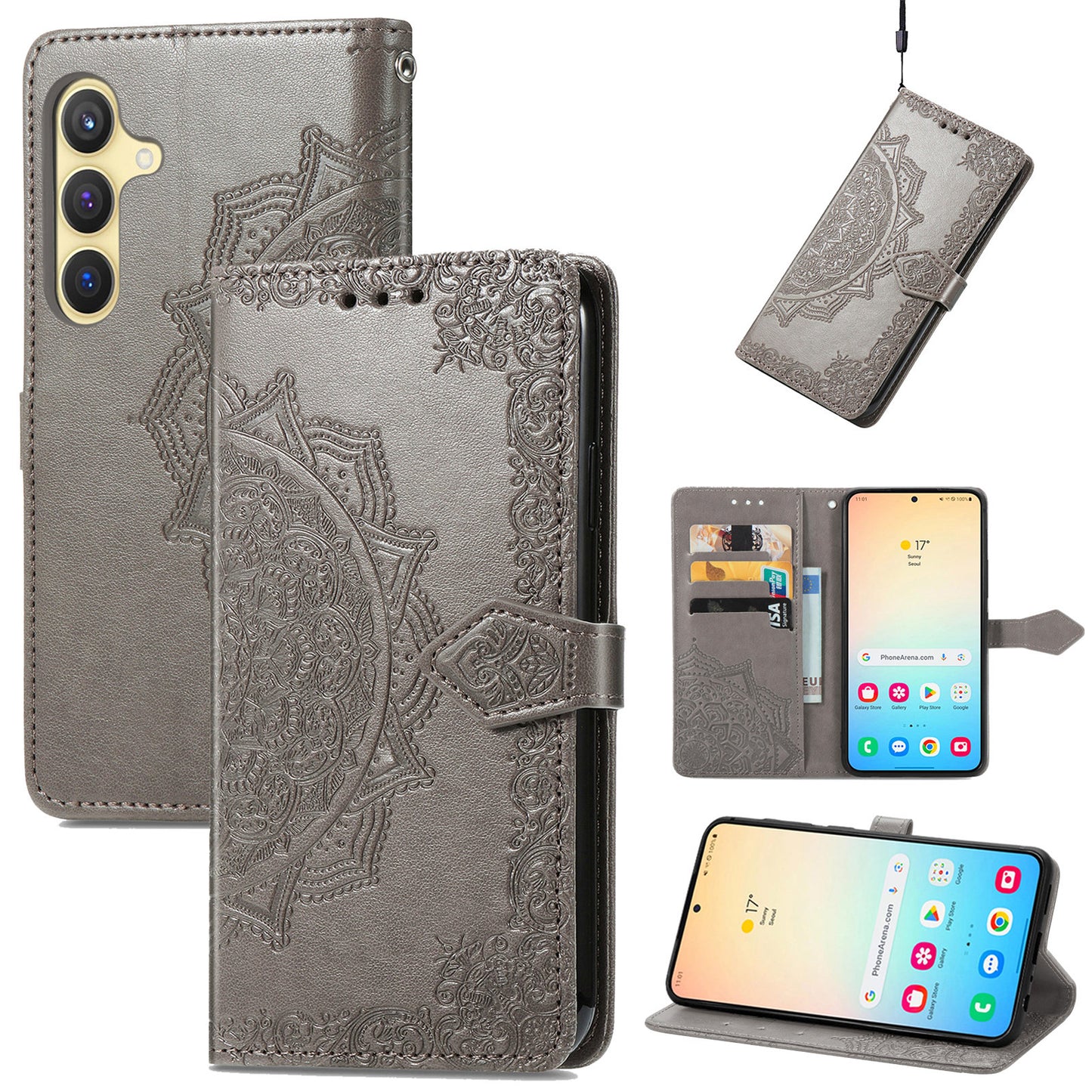 For Samsung Galaxy S24 Phone Case PU Leather Embossed Mandala Wallet Cover - Grey