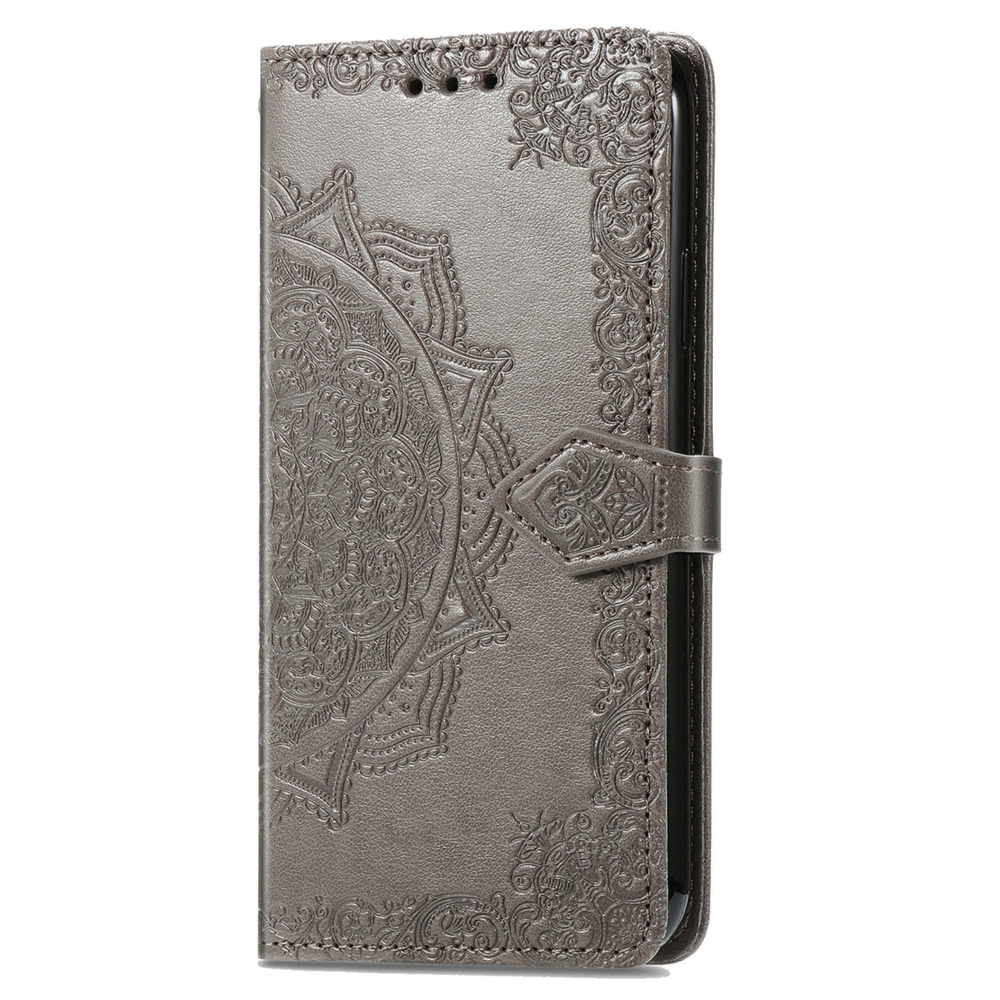 For Samsung Galaxy S24 Phone Case PU Leather Embossed Mandala Wallet Cover - Grey