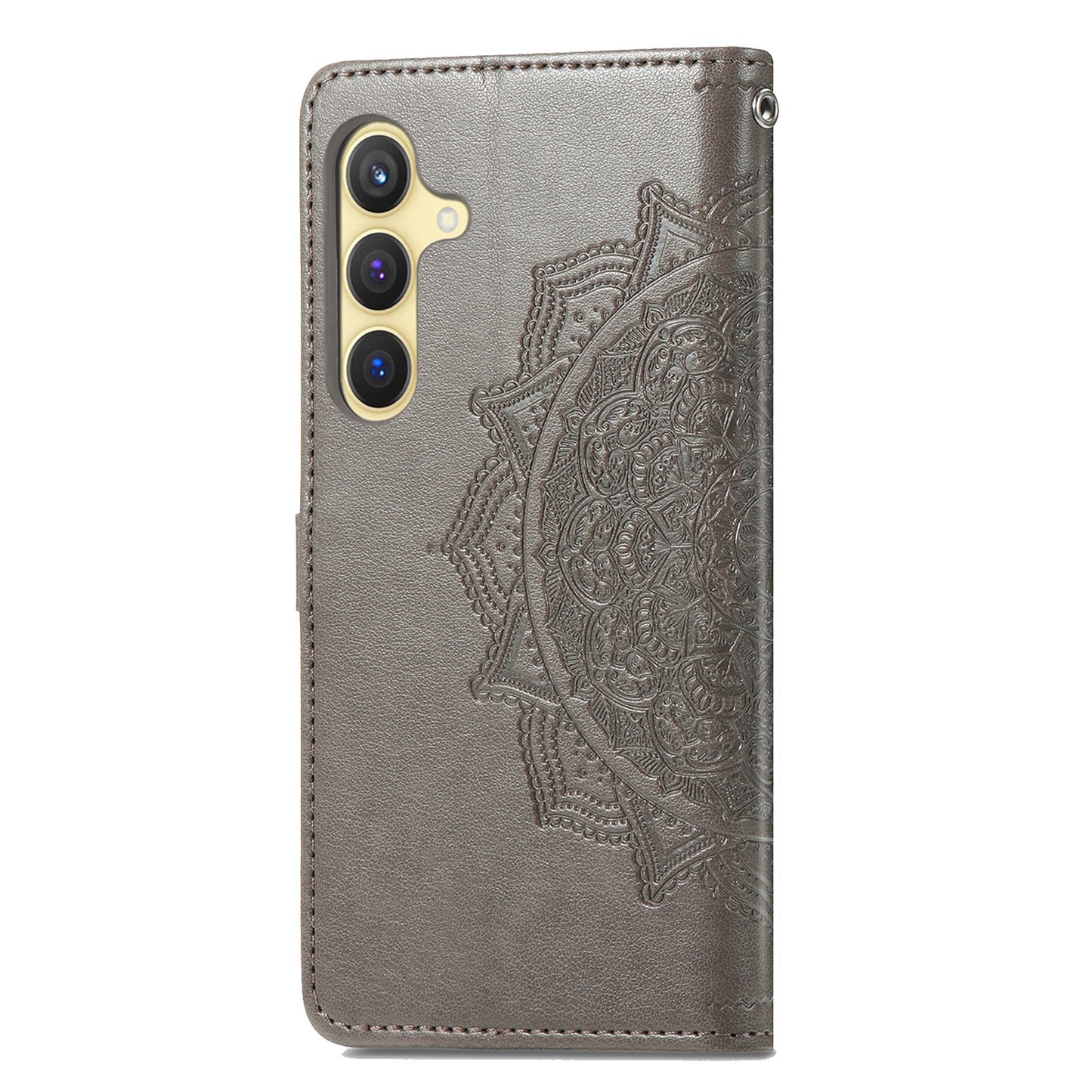 For Samsung Galaxy S24 Phone Case PU Leather Embossed Mandala Wallet Cover - Grey