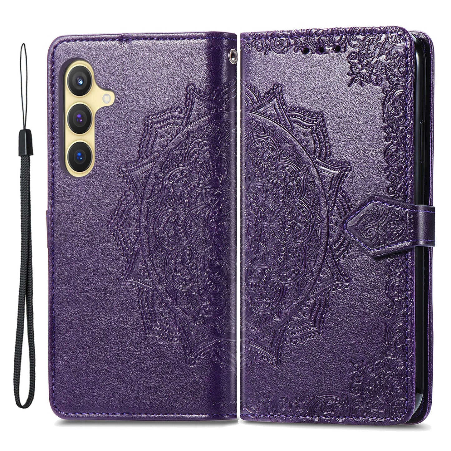 For Samsung Galaxy S24 Phone Case PU Leather Embossed Mandala Wallet Cover - Purple