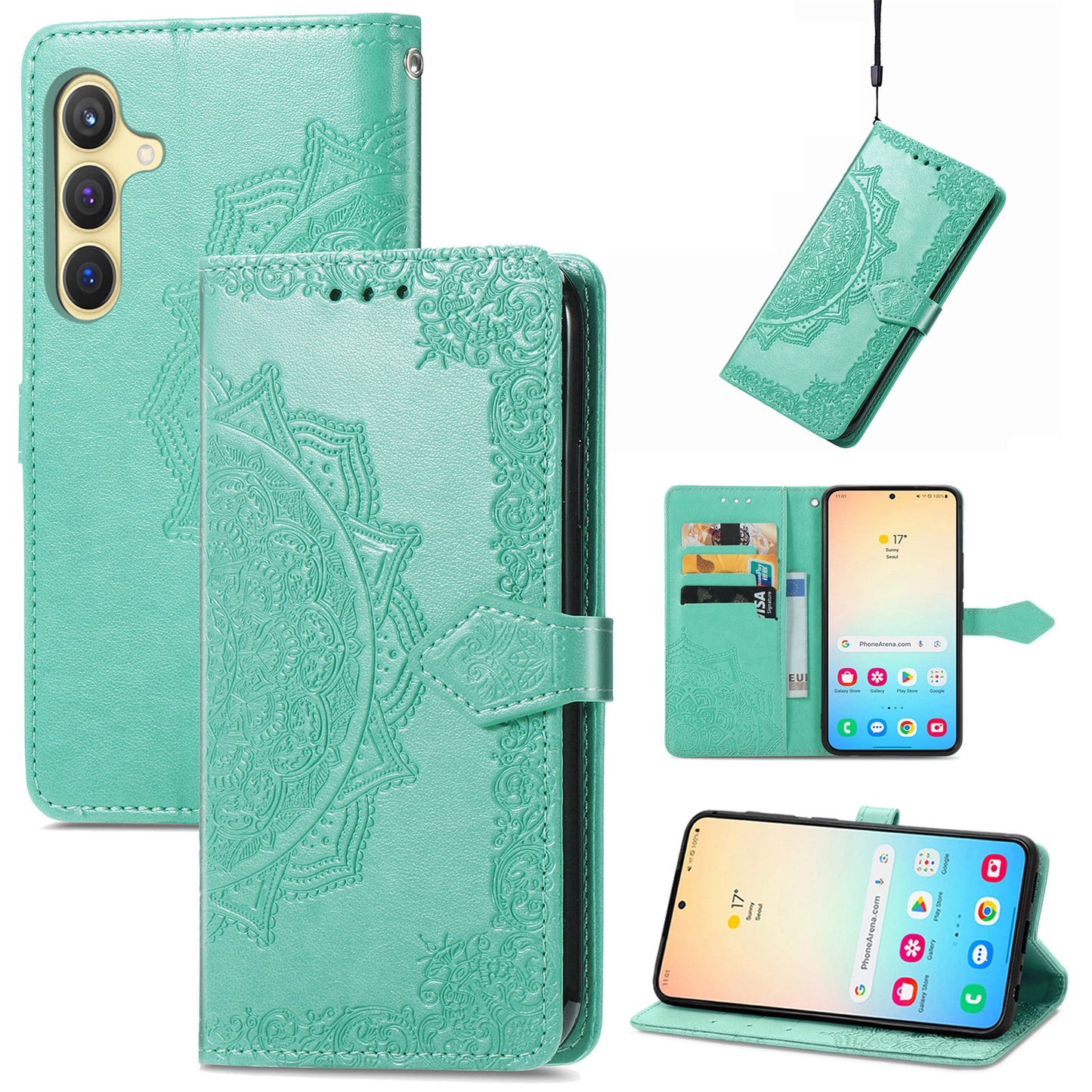 For Samsung Galaxy S24 Phone Case PU Leather Embossed Mandala Wallet Cover - Green